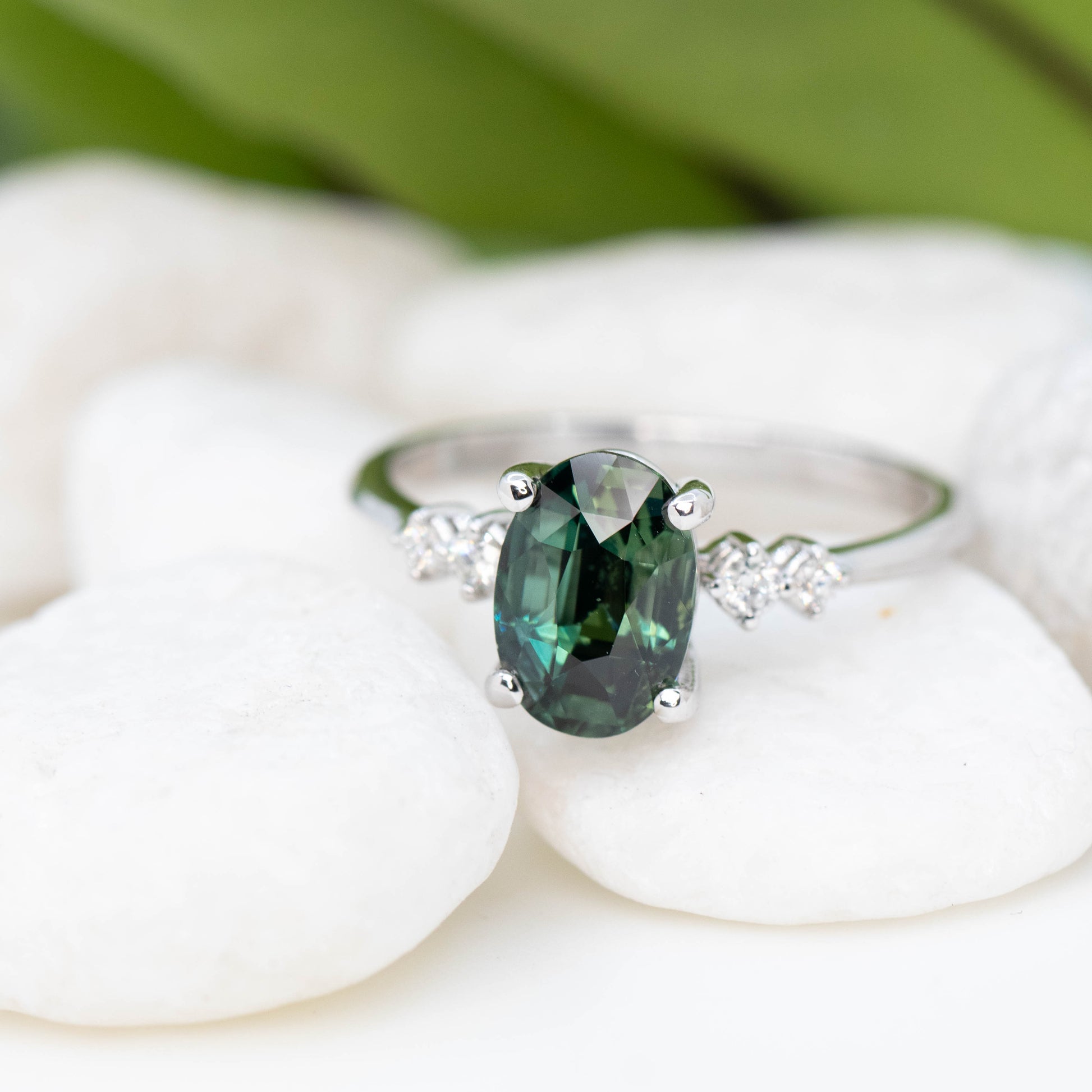 CAELEN (J) Cordelia Ring with a 2.63 Carat Teal Oval Sapphire and White Accent Diamonds in 14k White Gold - Ready to Size and Ship - Midwinter Co. Alternative Bridal Rings and Modern Fine Jewelry