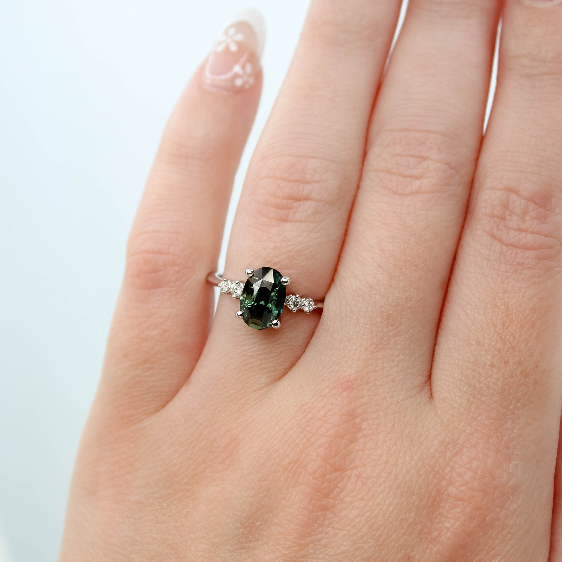 CAELEN (J) Cordelia Ring with a 2.63 Carat Teal Oval Sapphire and White Accent Diamonds in 14k White Gold - Ready to Size and Ship - Midwinter Co. Alternative Bridal Rings and Modern Fine Jewelry