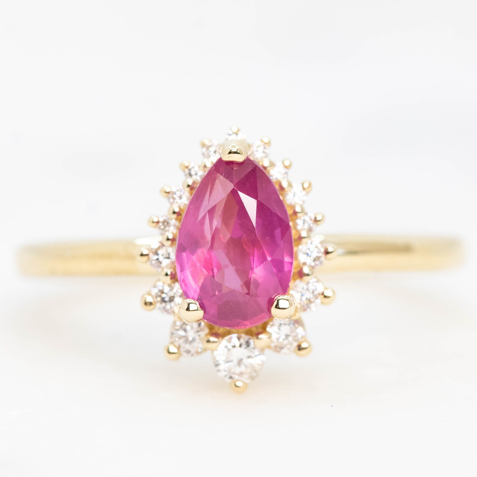Eleanor Ring with a 1.22 Carat Pink Pear Sapphire Ruby and White Accent Diamonds in 14k Yellow Gold - Ready to Size and Ship - Midwinter Co. Alternative Bridal Rings and Modern Fine Jewelry