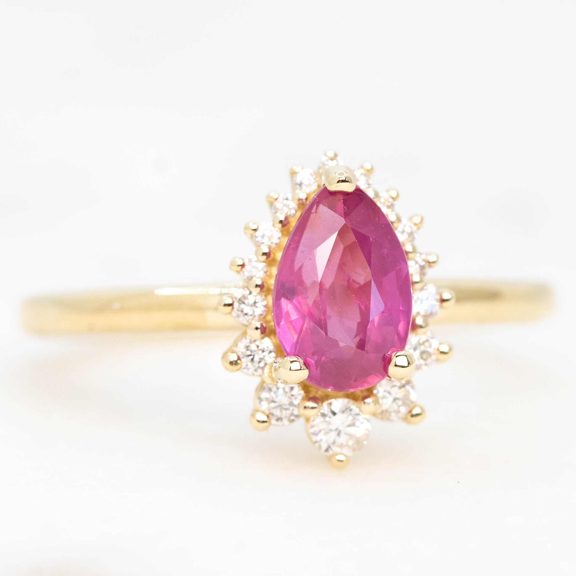Eleanor Ring with a 1.22 Carat Pink Pear Sapphire Ruby and White Accent Diamonds in 14k Yellow Gold - Ready to Size and Ship - Midwinter Co. Alternative Bridal Rings and Modern Fine Jewelry