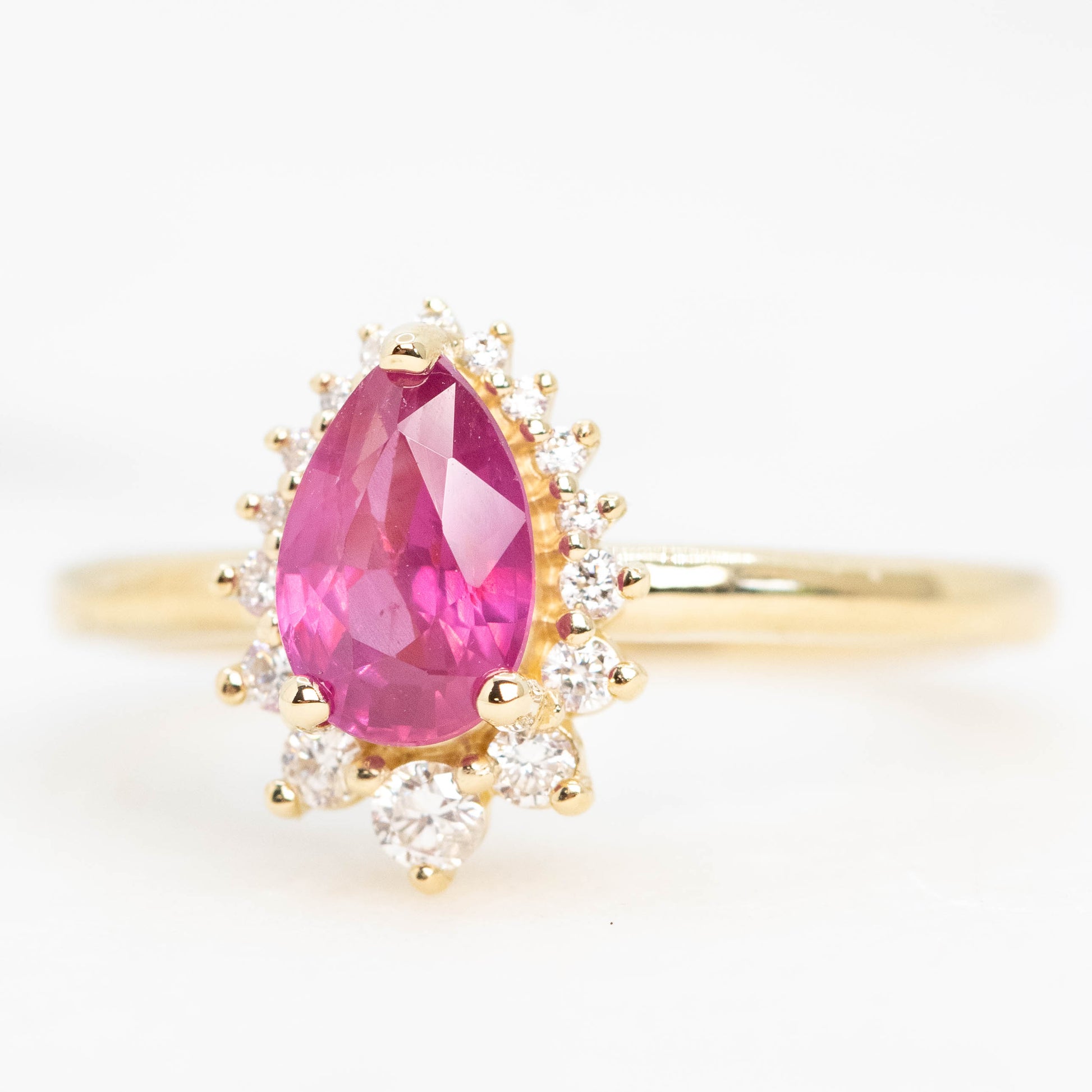 Eleanor Ring with a 1.22 Carat Pink Pear Sapphire Ruby and White Accent Diamonds in 14k Yellow Gold - Ready to Size and Ship - Midwinter Co. Alternative Bridal Rings and Modern Fine Jewelry