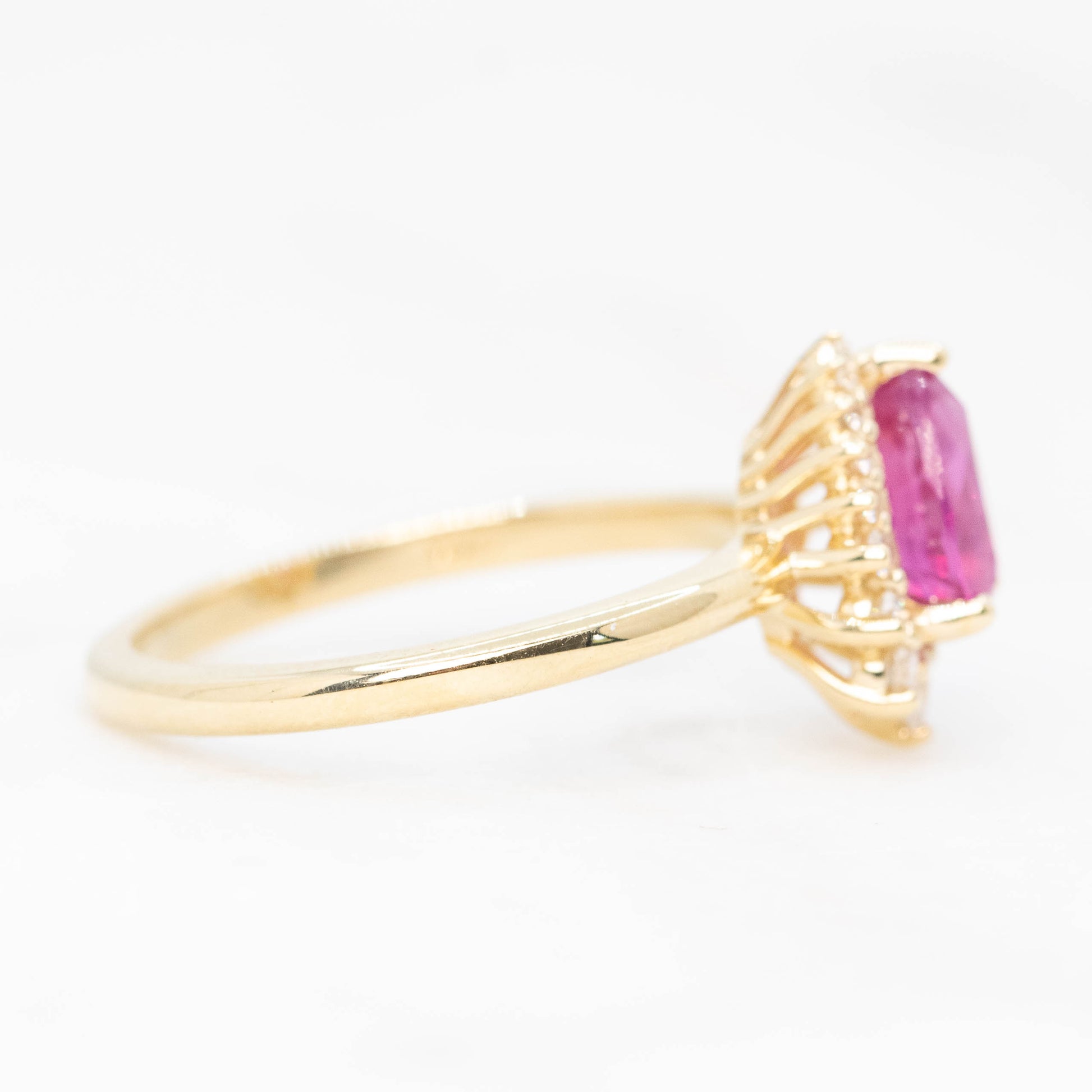 Eleanor Ring with a 1.22 Carat Pink Pear Sapphire Ruby and White Accent Diamonds in 14k Yellow Gold - Ready to Size and Ship - Midwinter Co. Alternative Bridal Rings and Modern Fine Jewelry