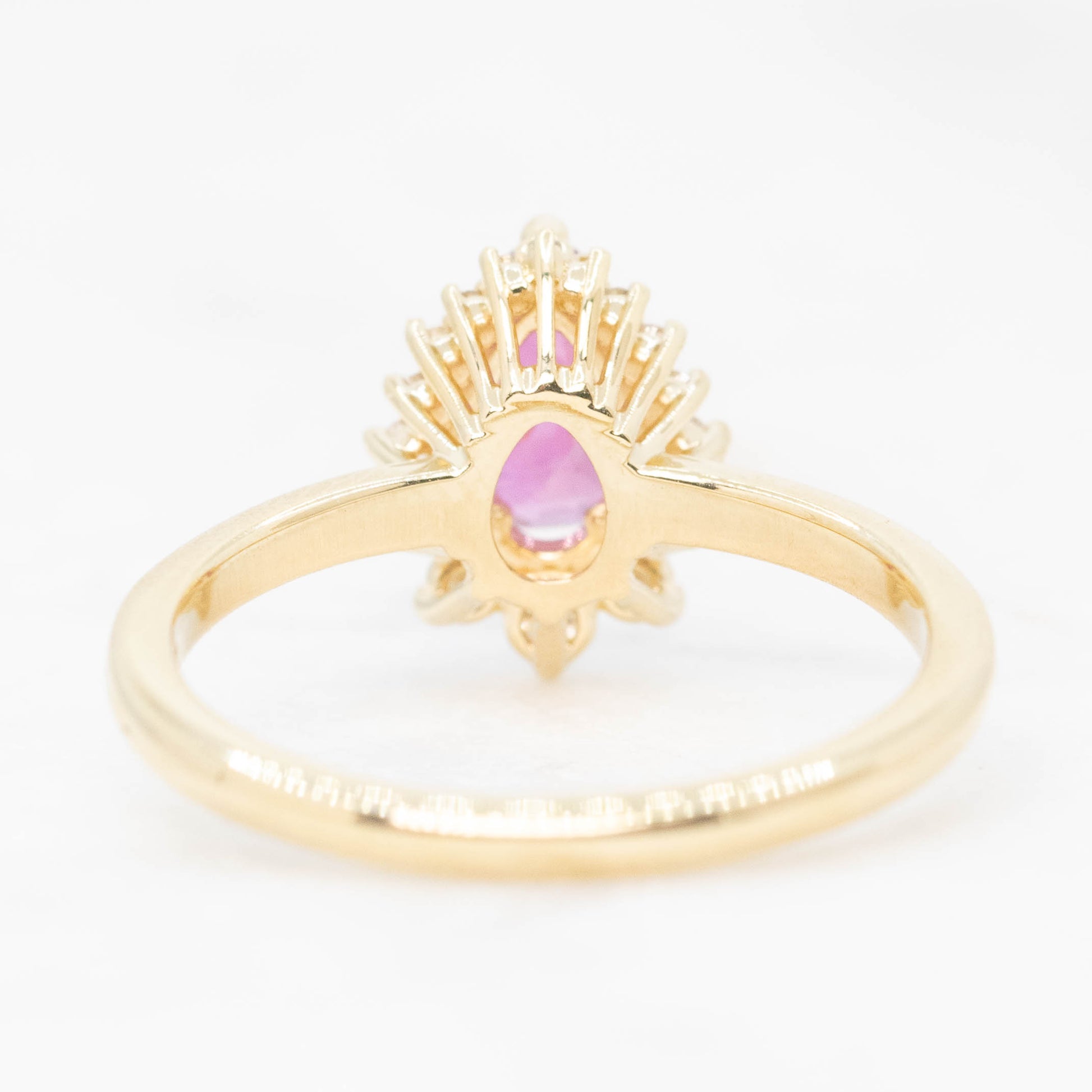 Eleanor Ring with a 1.22 Carat Pink Pear Sapphire Ruby and White Accent Diamonds in 14k Yellow Gold - Ready to Size and Ship - Midwinter Co. Alternative Bridal Rings and Modern Fine Jewelry