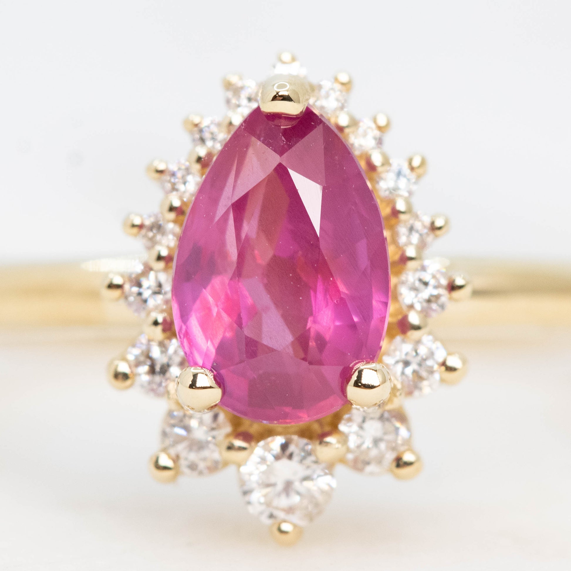 Eleanor Ring with a 1.22 Carat Pink Pear Sapphire Ruby and White Accent Diamonds in 14k Yellow Gold - Ready to Size and Ship - Midwinter Co. Alternative Bridal Rings and Modern Fine Jewelry