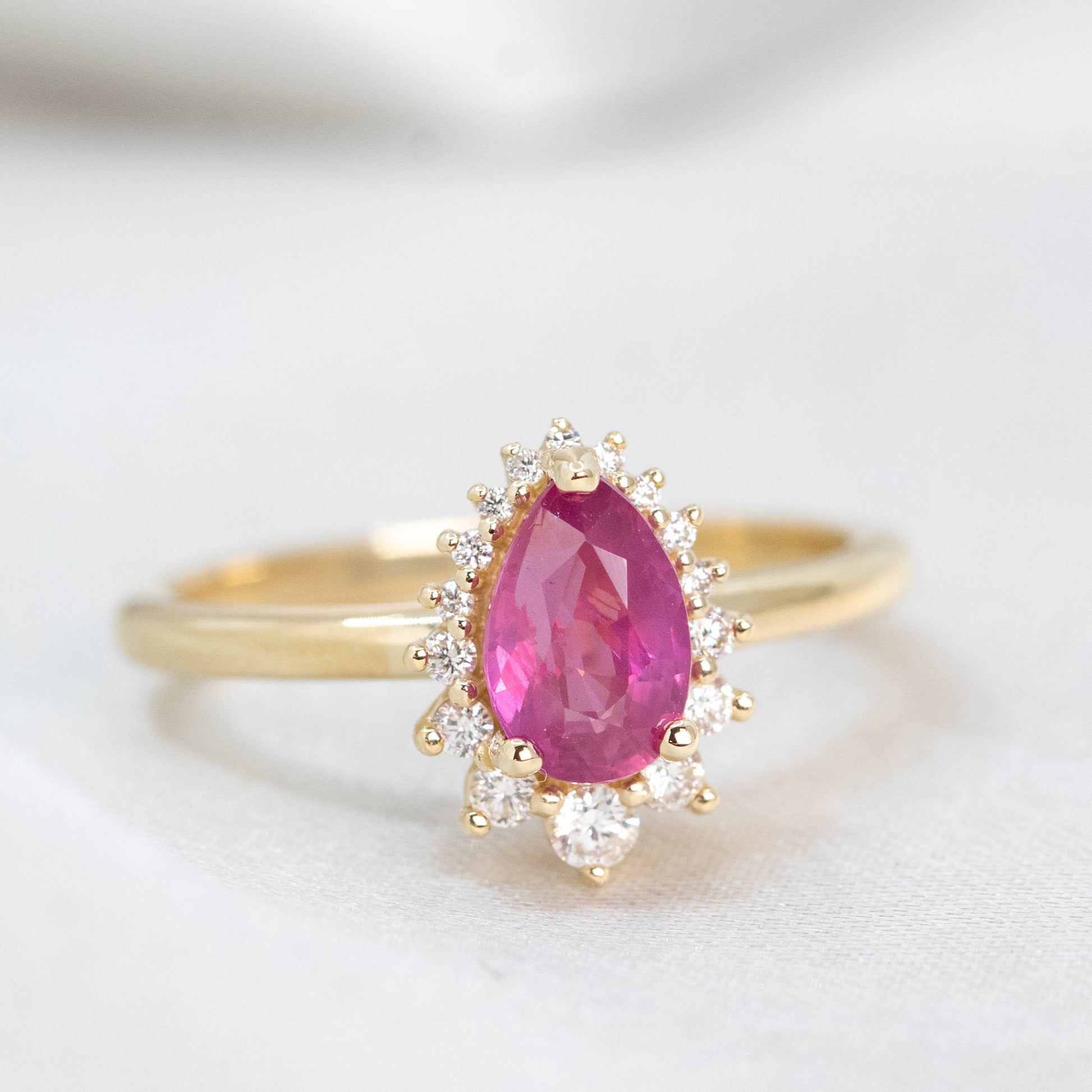 Eleanor Ring with a 1.22 Carat Pink Pear Sapphire Ruby and White Accent Diamonds in 14k Yellow Gold - Ready to Size and Ship - Midwinter Co. Alternative Bridal Rings and Modern Fine Jewelry