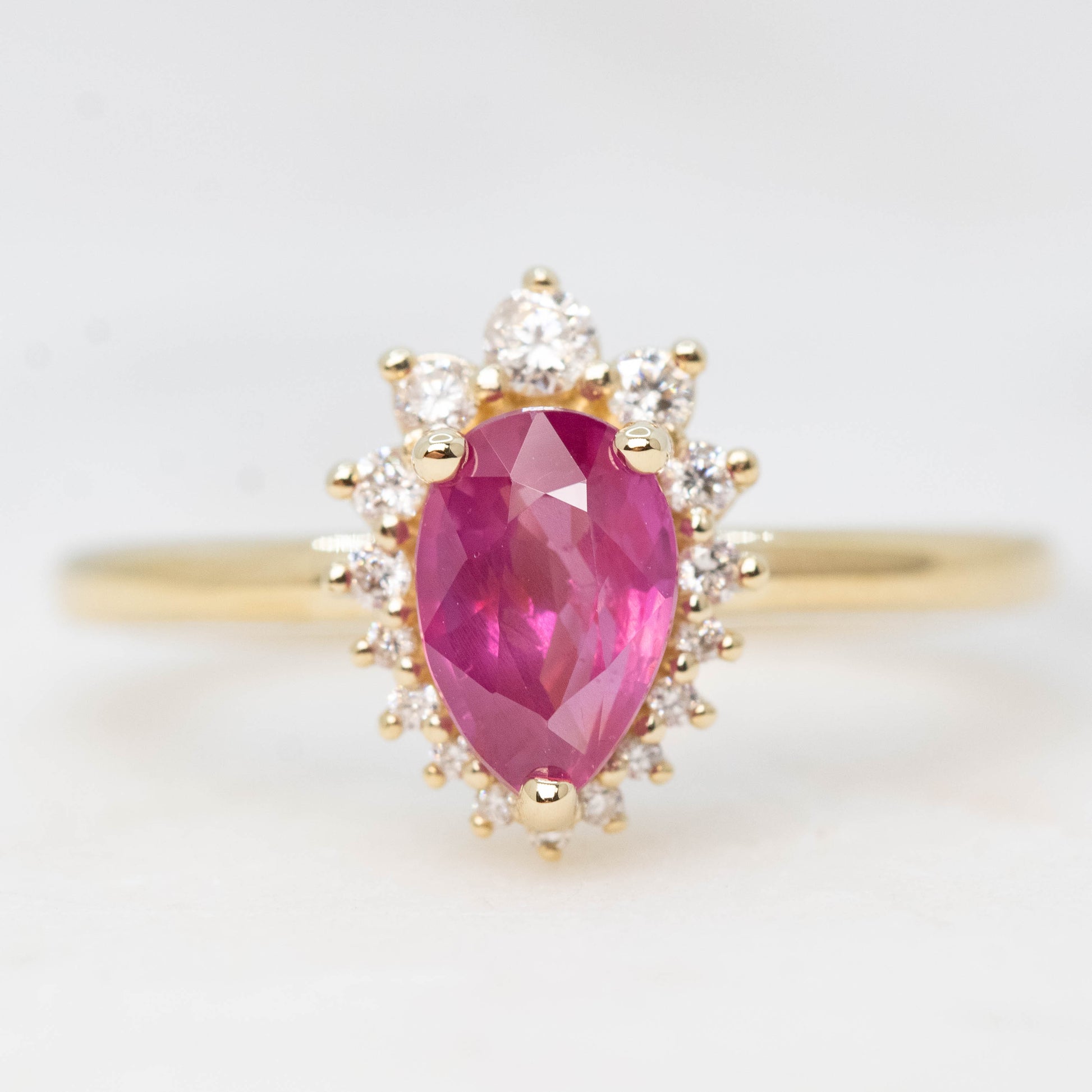 Eleanor Ring with a 1.22 Carat Pink Pear Sapphire Ruby and White Accent Diamonds in 14k Yellow Gold - Ready to Size and Ship - Midwinter Co. Alternative Bridal Rings and Modern Fine Jewelry