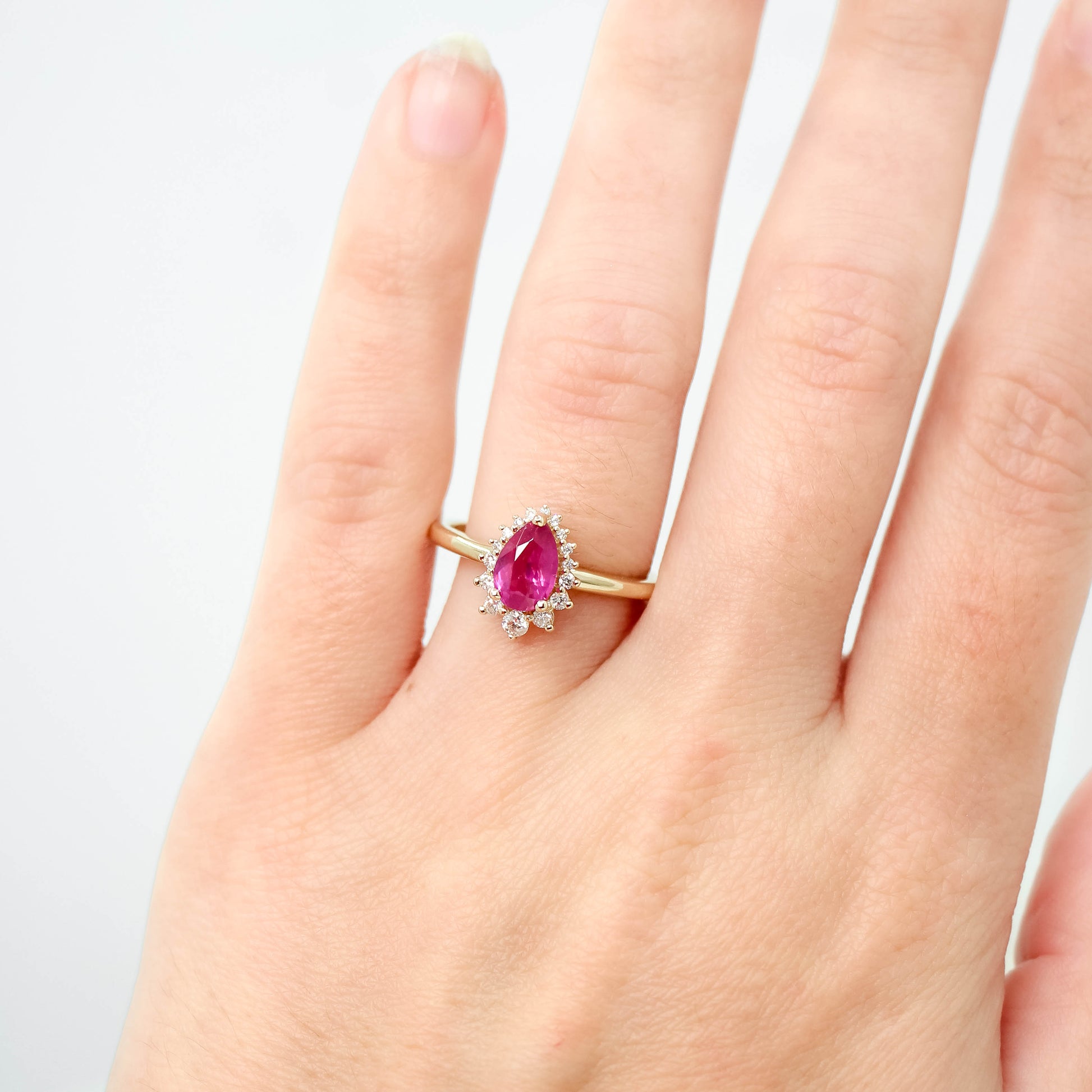 Eleanor Ring with a 1.22 Carat Pink Pear Sapphire Ruby and White Accent Diamonds in 14k Yellow Gold - Ready to Size and Ship - Midwinter Co. Alternative Bridal Rings and Modern Fine Jewelry