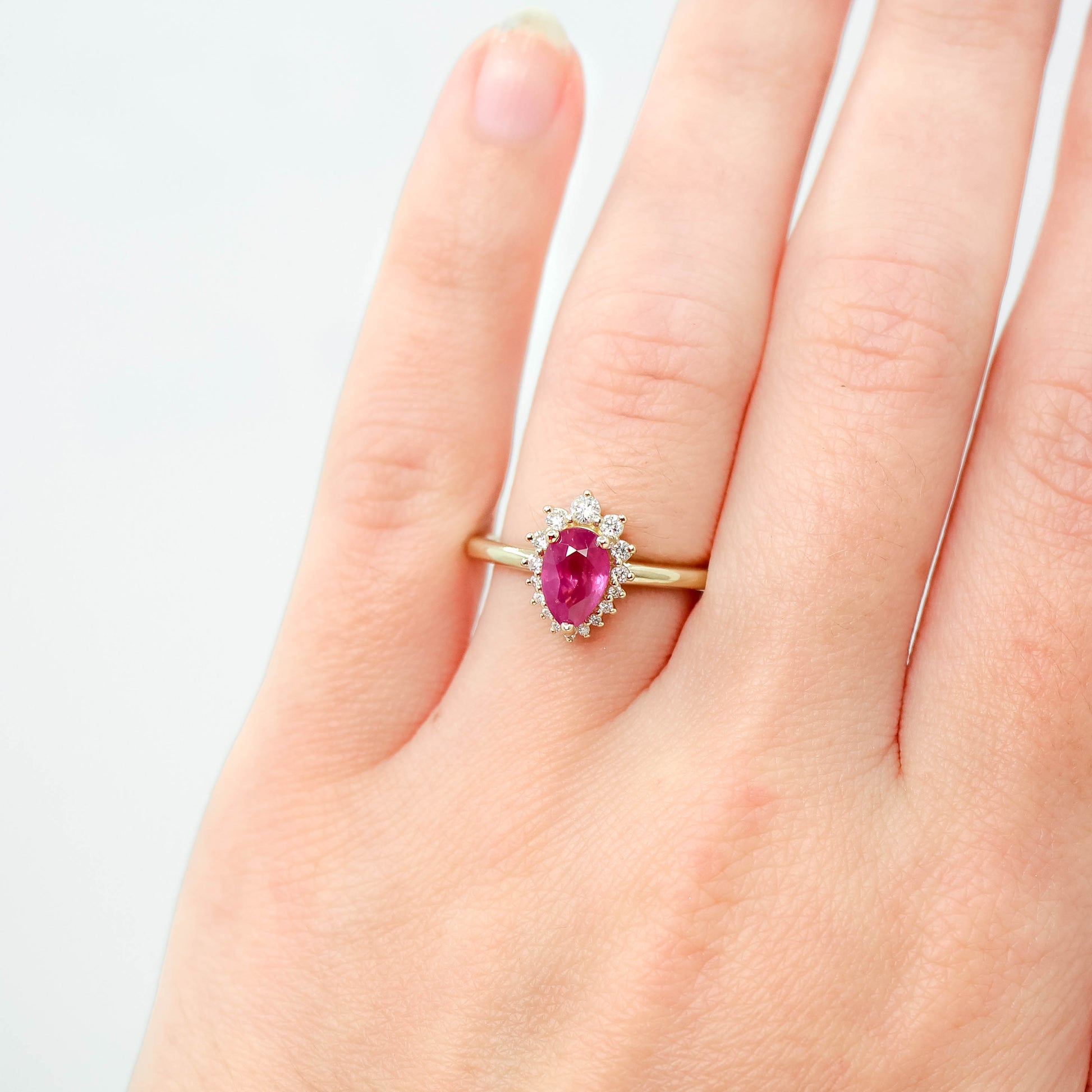 Eleanor Ring with a 1.22 Carat Pink Pear Sapphire Ruby and White Accent Diamonds in 14k Yellow Gold - Ready to Size and Ship - Midwinter Co. Alternative Bridal Rings and Modern Fine Jewelry