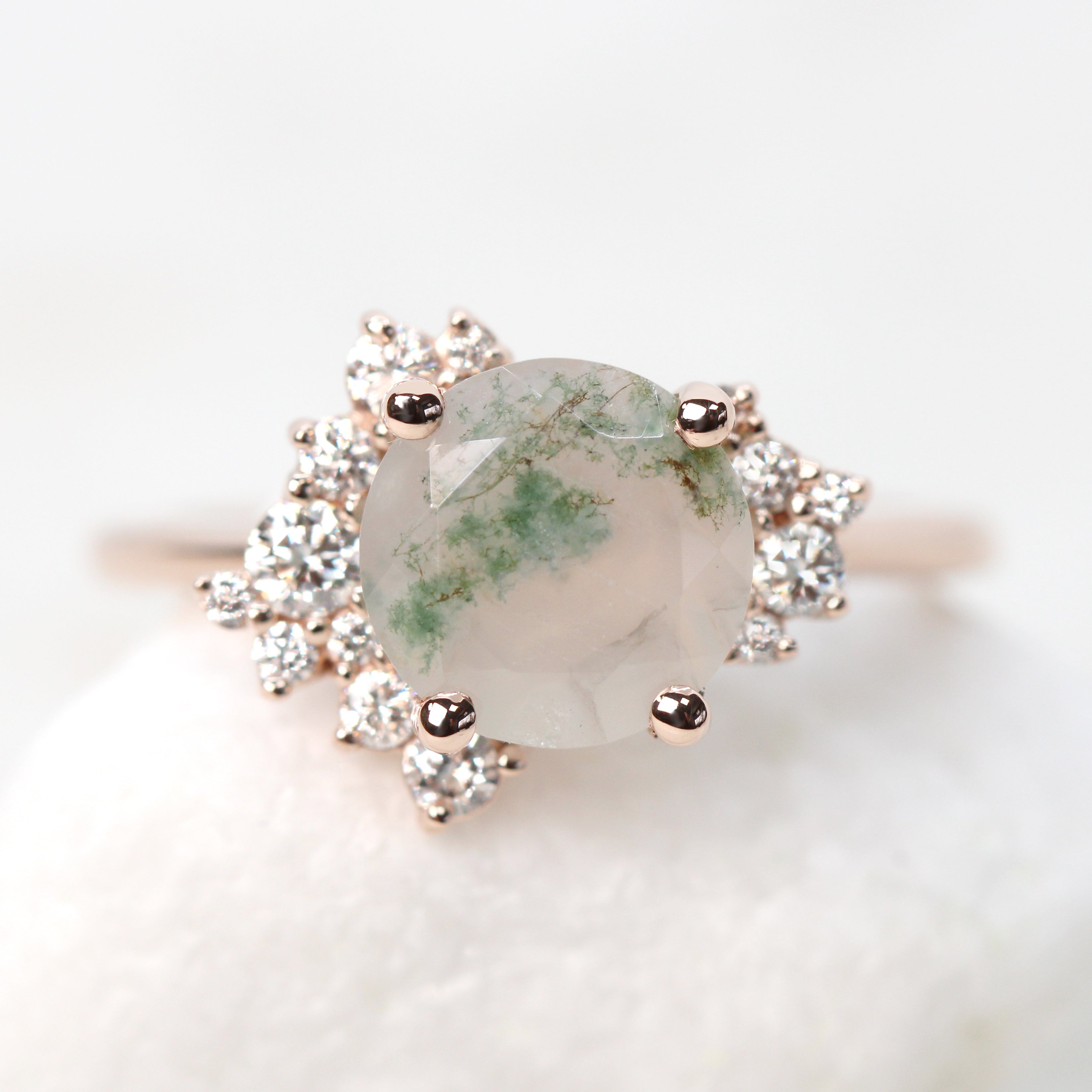 Custom Orion with 2 Carat Round Moss Agate and White Accent Diamonds in your Choice of 14K Gold - Made to Order - Each Stone is Unique - Midwinter Co. Alternative Bridal Rings and Modern Fine Jewelry