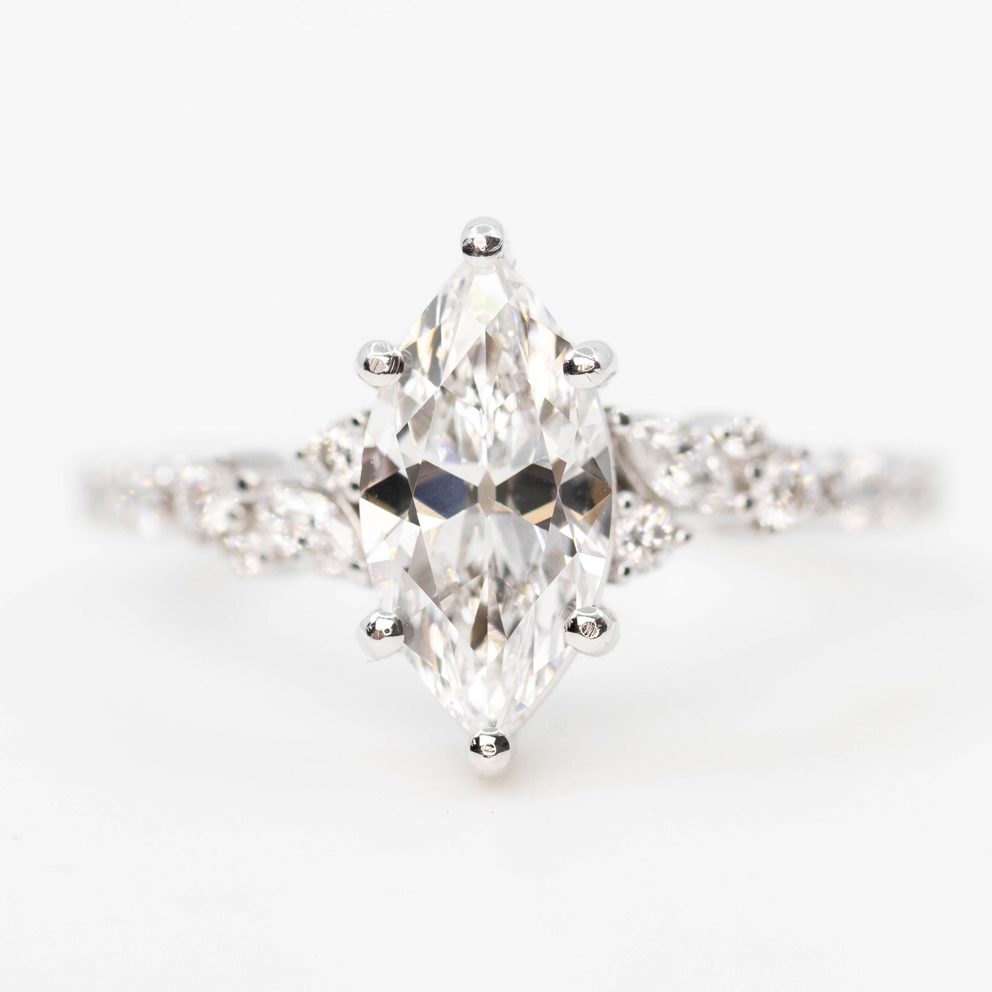 Elodie Ring with a 1.43 Carat Lab Grown Marquise Diamond and White Accent Diamonds in 14k White Gold - Ready to Size and Ship - Midwinter Co. Alternative Bridal Rings and Modern Fine Jewelry