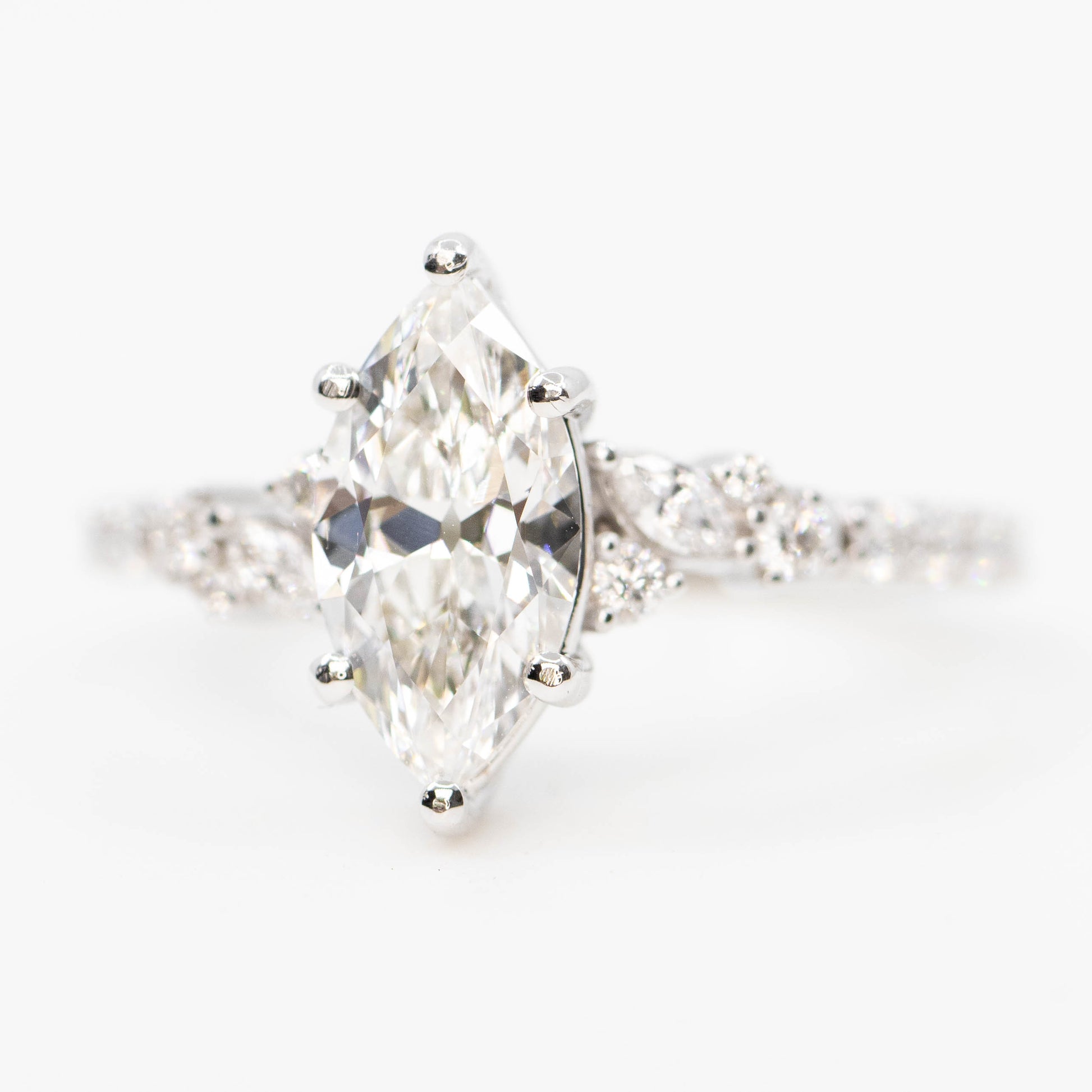 Elodie Ring with a 1.43 Carat Lab Grown Marquise Diamond and White Accent Diamonds in 14k White Gold - Ready to Size and Ship - Midwinter Co. Alternative Bridal Rings and Modern Fine Jewelry