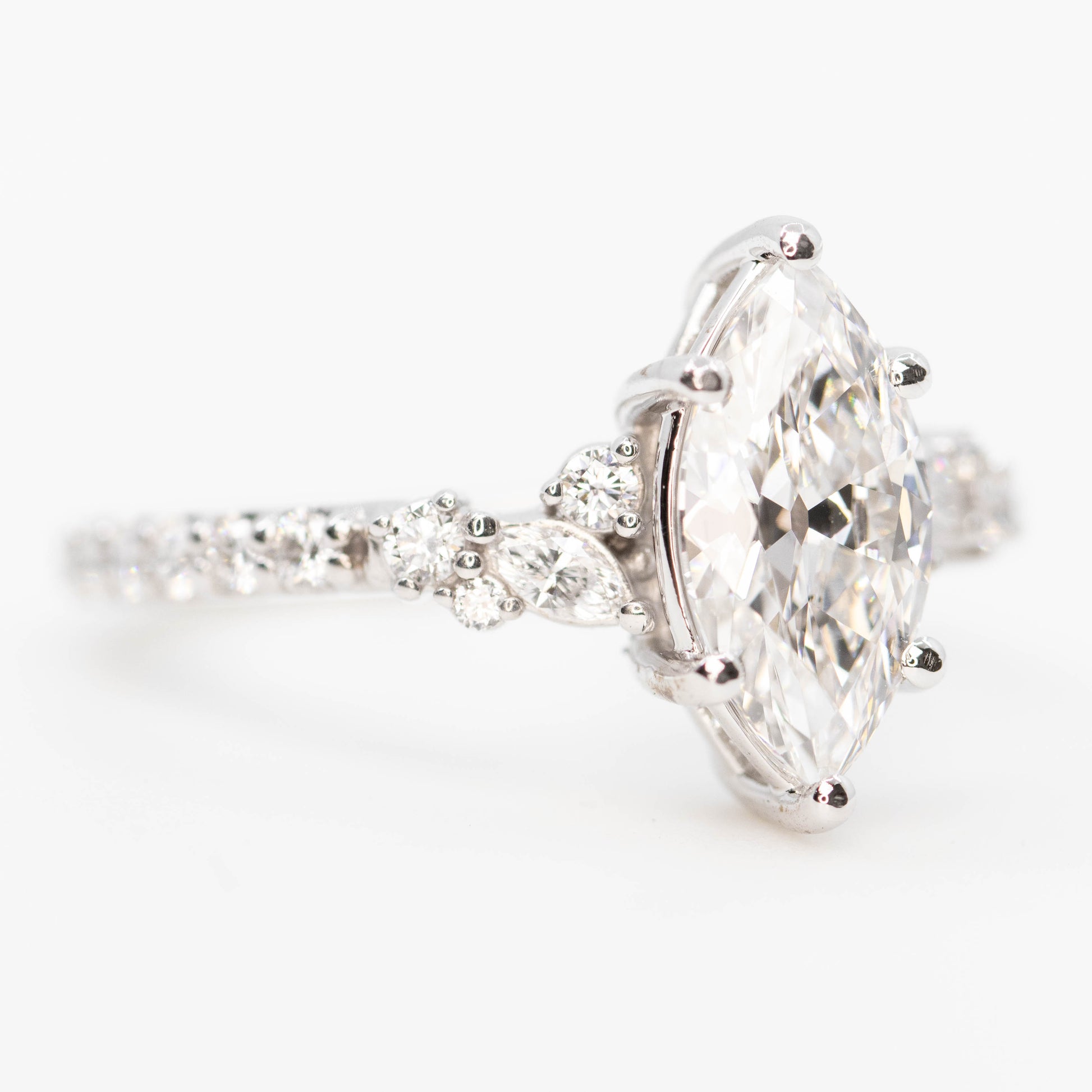 Elodie Ring with a 1.43 Carat Lab Grown Marquise Diamond and White Accent Diamonds in 14k White Gold - Ready to Size and Ship - Midwinter Co. Alternative Bridal Rings and Modern Fine Jewelry