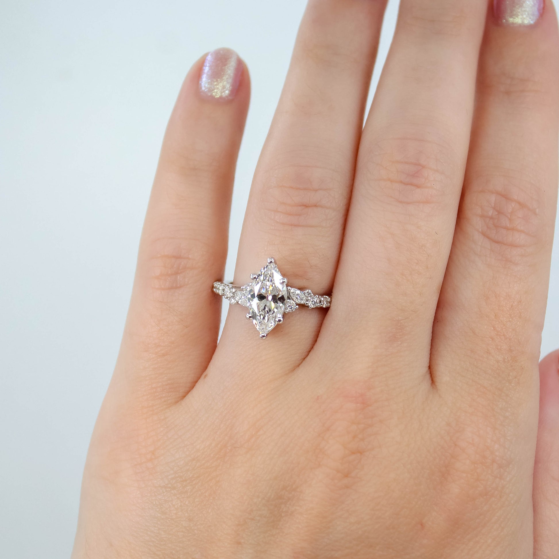 Elodie Ring with a 1.43 Carat Lab Grown Marquise Diamond and White Accent Diamonds in 14k White Gold - Ready to Size and Ship - Midwinter Co. Alternative Bridal Rings and Modern Fine Jewelry
