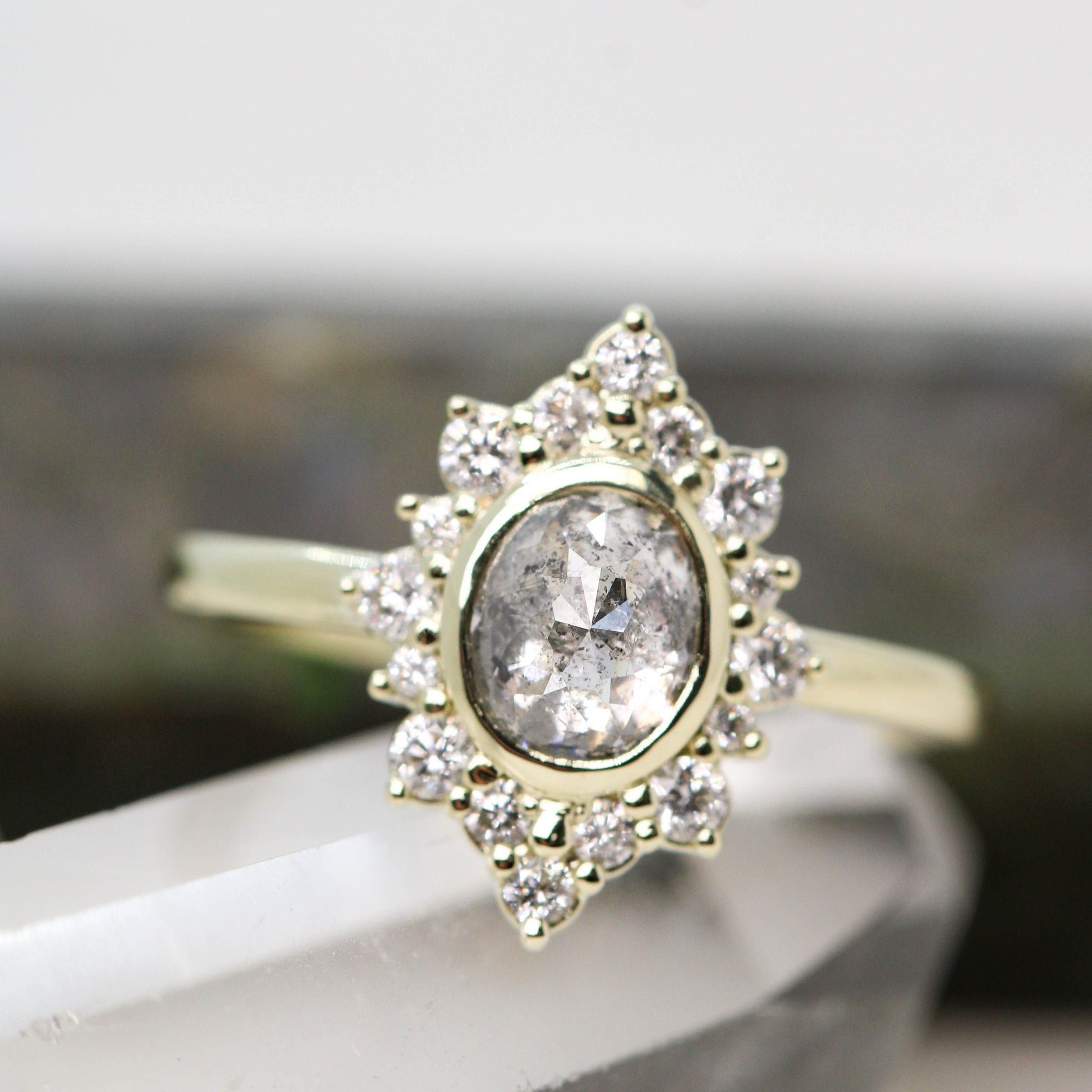 Estrella Ring with a 1.06 Carat Gray Celestial Oval Diamond and White Accent Diamonds in 14k Green Gold - Ready to Size and Ship - Midwinter Co. Alternative Bridal Rings and Modern Fine Jewelry