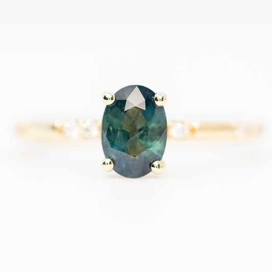 Estelle Ring with a 1.03 Carat Teal Oval Sapphire and White Accent Diamonds in 14k Yellow Gold - Ready to Size and Ship - Midwinter Co. Alternative Bridal Rings and Modern Fine Jewelry