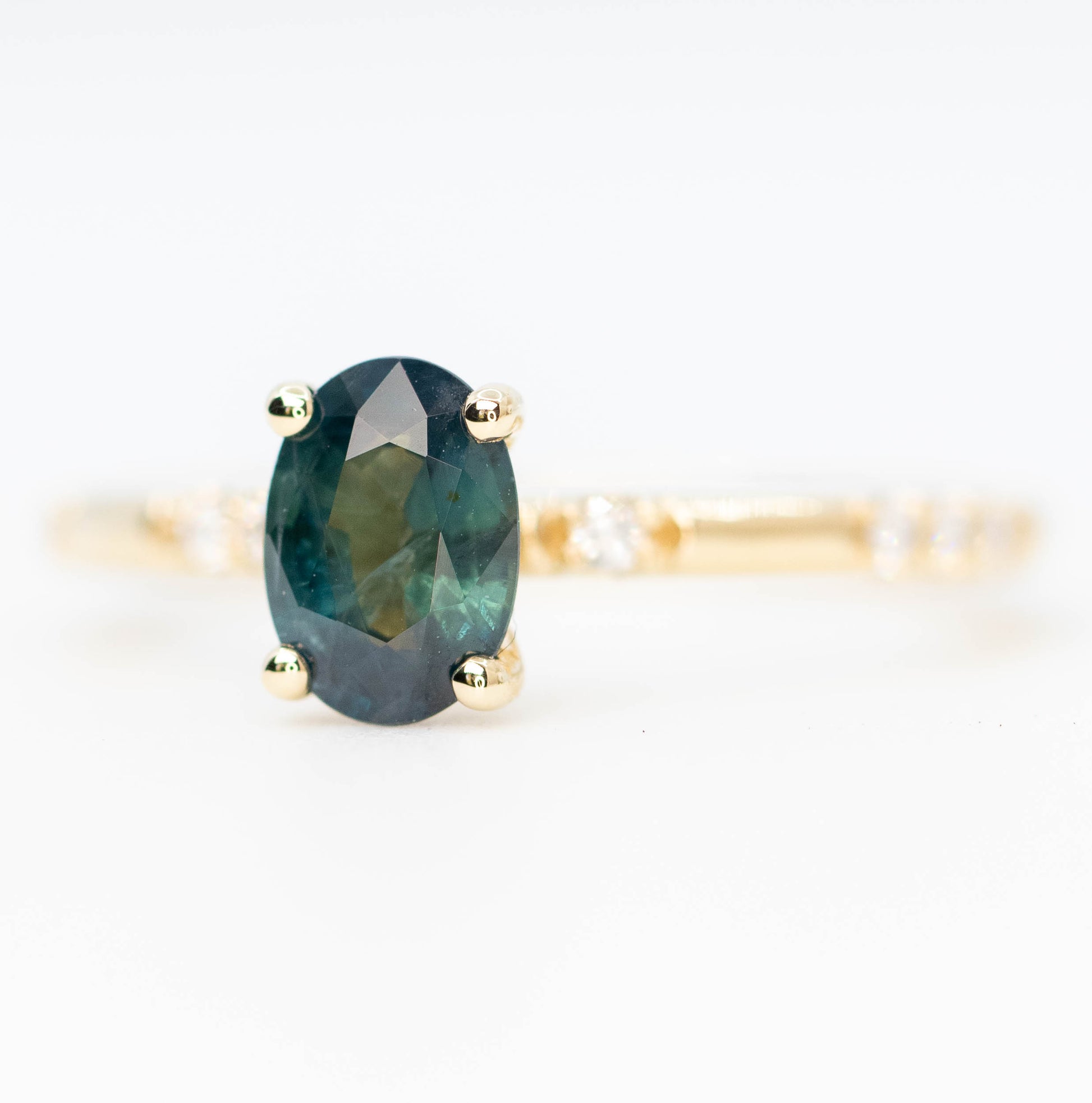 Estelle Ring with a 1.03 Carat Teal Oval Sapphire and White Accent Diamonds in 14k Yellow Gold - Ready to Size and Ship - Midwinter Co. Alternative Bridal Rings and Modern Fine Jewelry