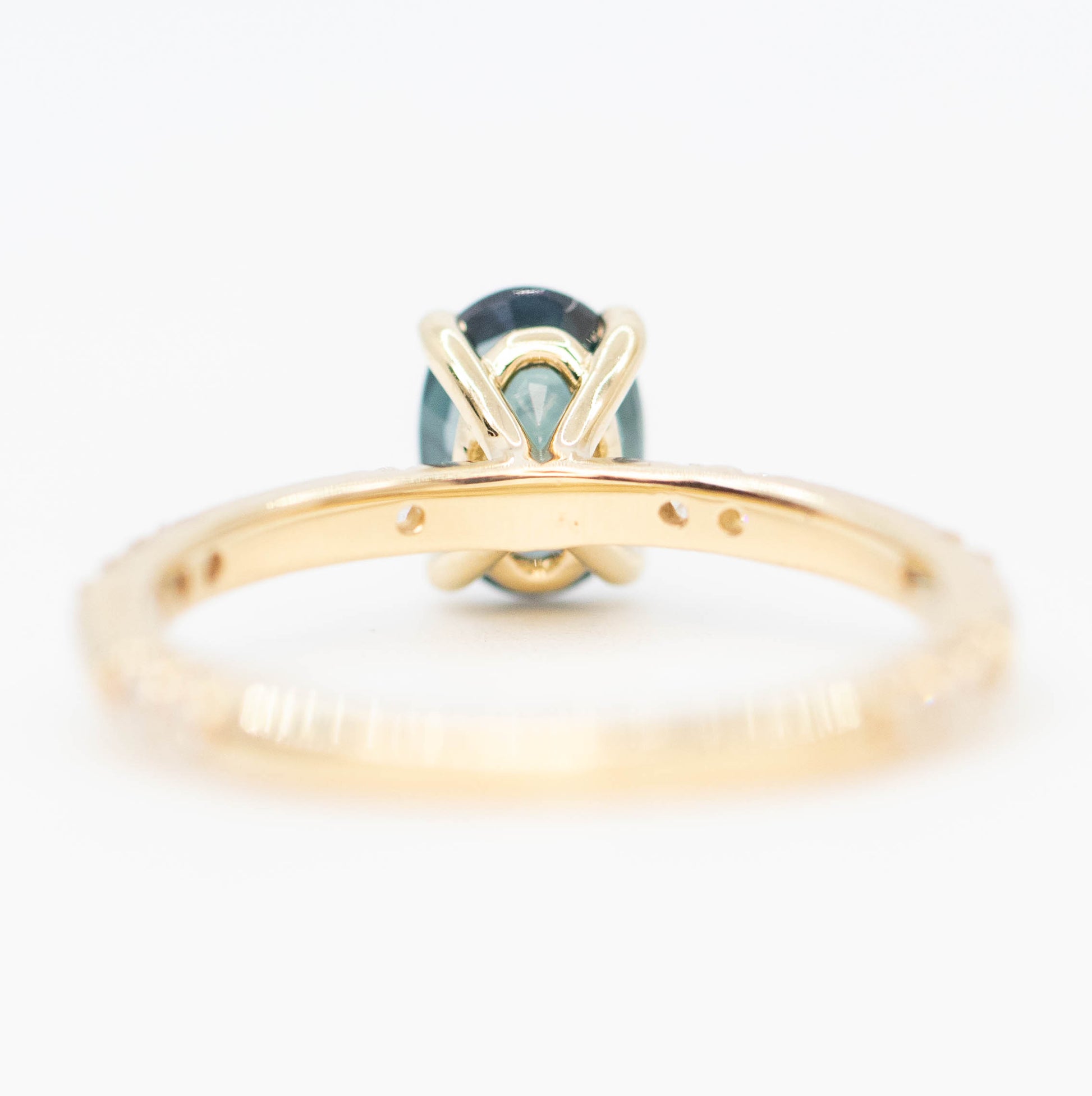 Estelle Ring with a 1.03 Carat Teal Oval Sapphire and White Accent Diamonds in 14k Yellow Gold - Ready to Size and Ship - Midwinter Co. Alternative Bridal Rings and Modern Fine Jewelry