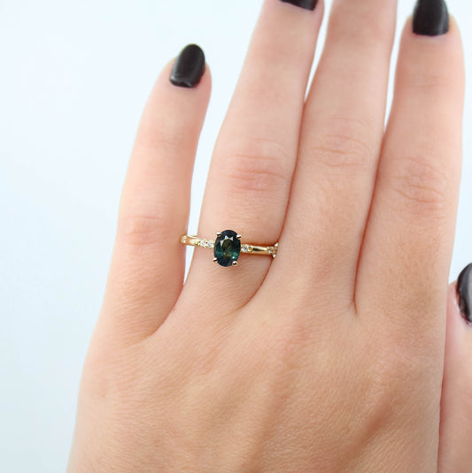 Estelle Ring with a 1.03 Carat Teal Oval Sapphire and White Accent Diamonds in 14k Yellow Gold - Ready to Size and Ship - Midwinter Co. Alternative Bridal Rings and Modern Fine Jewelry