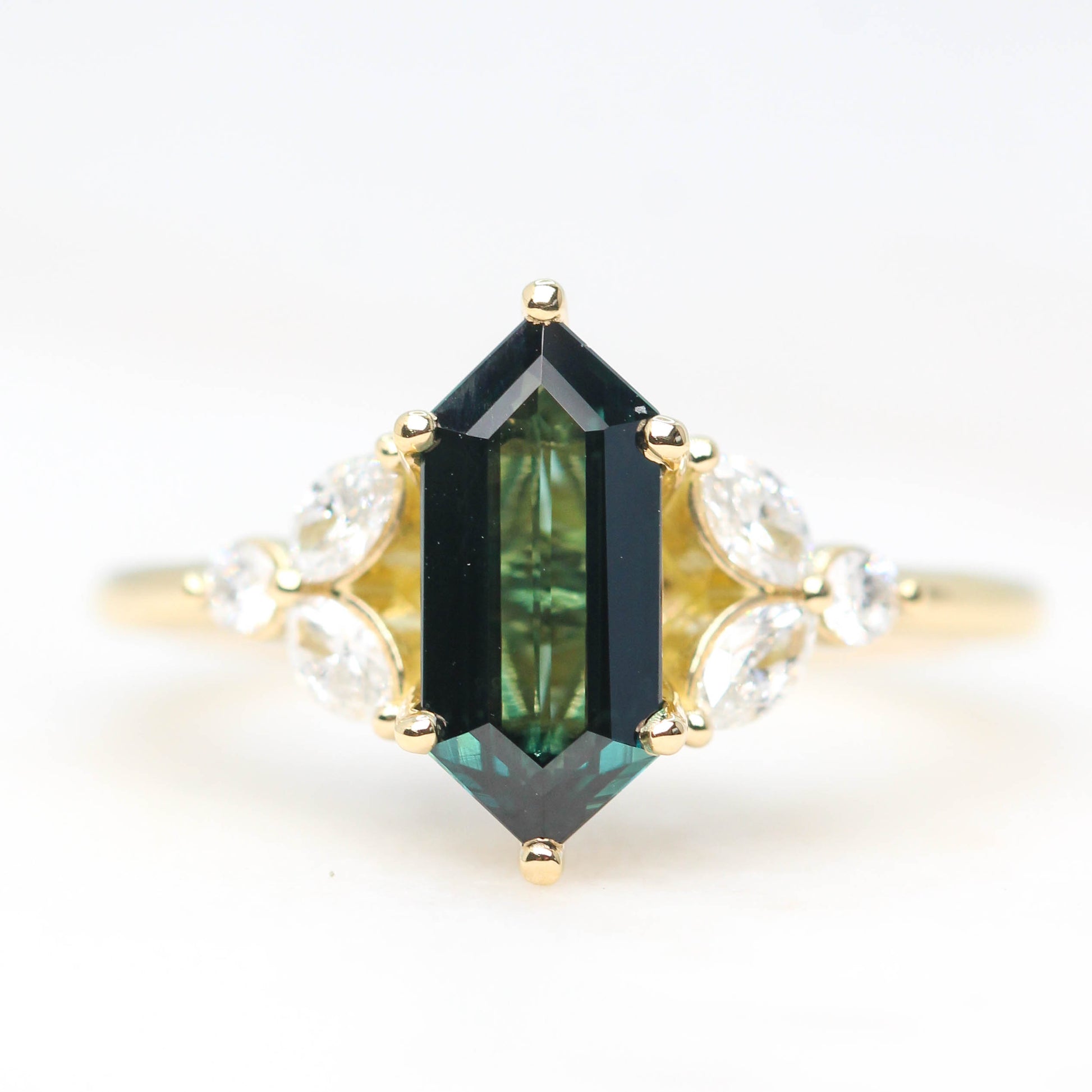 Project: Custom Andia Ring with 1.5 Carat Elongated Hexagon Sapphire and White Accent Diamonds in 14k - Midwinter Co. Alternative Bridal Rings and Modern Fine Jewelry