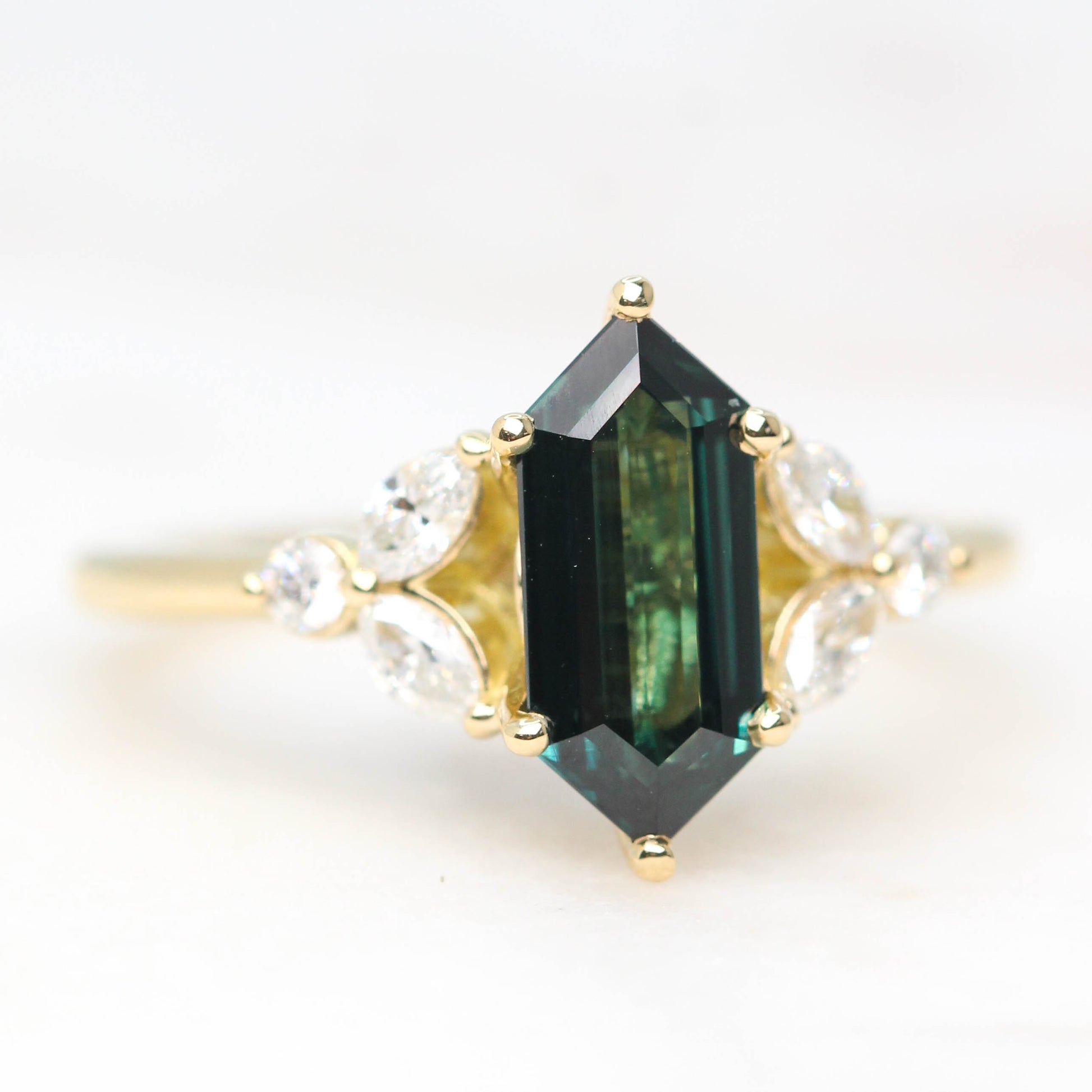 Project: Custom Andia Ring with 1.5 Carat Elongated Hexagon Sapphire and White Accent Diamonds in 14k - Midwinter Co. Alternative Bridal Rings and Modern Fine Jewelry