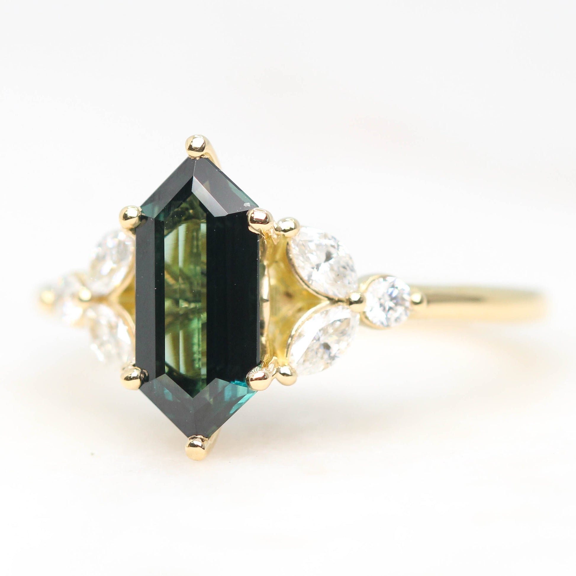 Project: Custom Andia Ring with 1.5 Carat Elongated Hexagon Sapphire and White Accent Diamonds in 14k - Midwinter Co. Alternative Bridal Rings and Modern Fine Jewelry