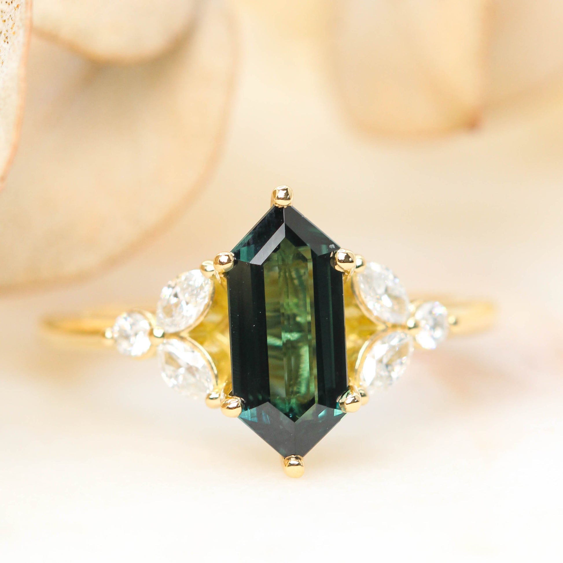 Project: Custom Andia Ring with 1.5 Carat Elongated Hexagon Sapphire and White Accent Diamonds in 14k - Midwinter Co. Alternative Bridal Rings and Modern Fine Jewelry