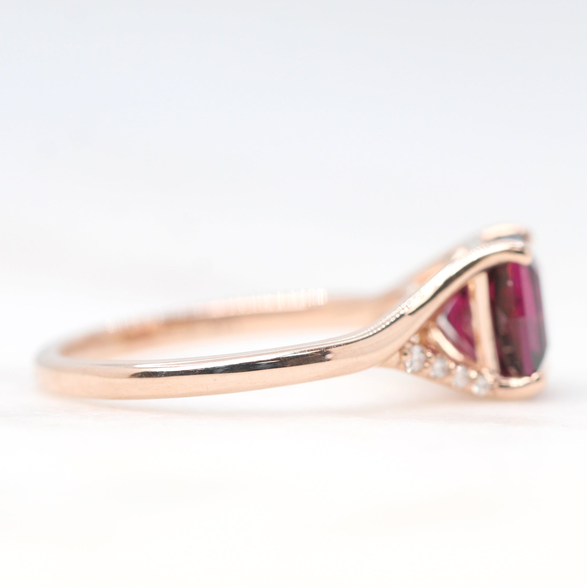 Kennedy Ring with a 2.23 Carat Geometric Fancy Cushion Cut Rhodolite Garnet and White Accent Diamonds in 14k Rose Gold - Ready to Size and Ship - Midwinter Co. Alternative Bridal Rings and Modern Fine Jewelry