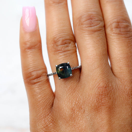 Raine Ring with a 3.50 Carat Multicolor Cushion Cut Sapphire and Black Accent Diamonds in 14k White Gold - Ready to Size and Ship - Midwinter Co. Alternative Bridal Rings and Modern Fine Jewelry