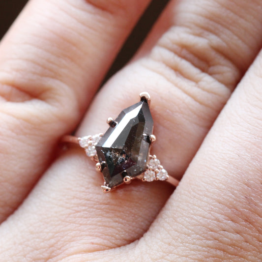 Project: Custom Imogene ring with 2 Carat Geometric Shield Cut Black Gray Salt and Pepper Diamond and White Accent Diamonds in 14k - Midwinter Co. Alternative Bridal Rings and Modern Fine Jewelry