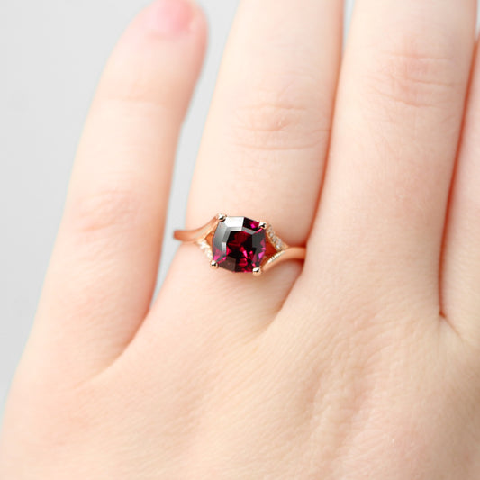 Kennedy Ring with a 2.23 Carat Geometric Fancy Cushion Cut Rhodolite Garnet and White Accent Diamonds in 14k Rose Gold - Ready to Size and Ship - Midwinter Co. Alternative Bridal Rings and Modern Fine Jewelry