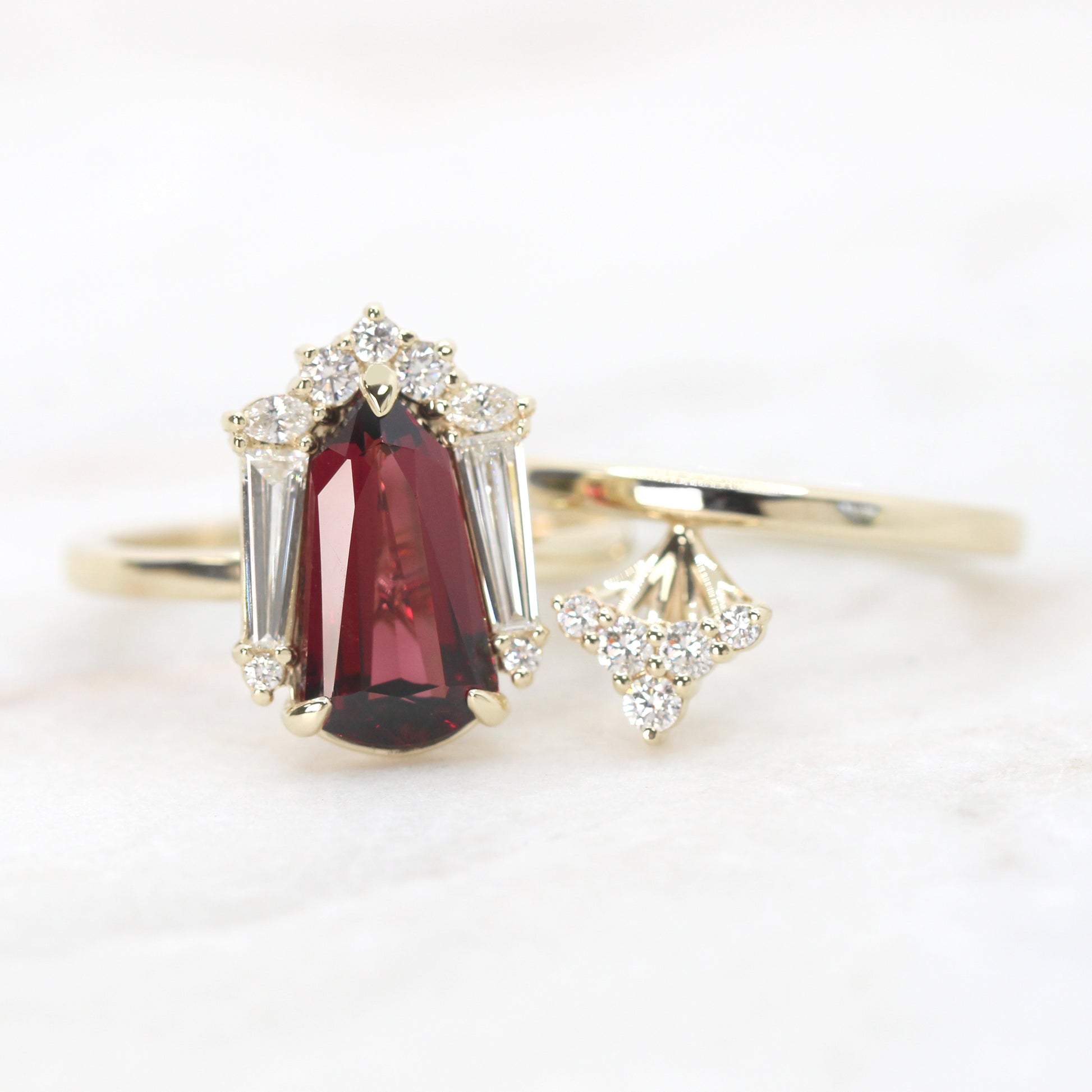 Christine Ring with a 2.68 Carat Shield Garnet and White Accent Diamonds in 14k Yellow Gold with Matching Band - Ready to Size and Ship - Midwinter Co. Alternative Bridal Rings and Modern Fine Jewelry