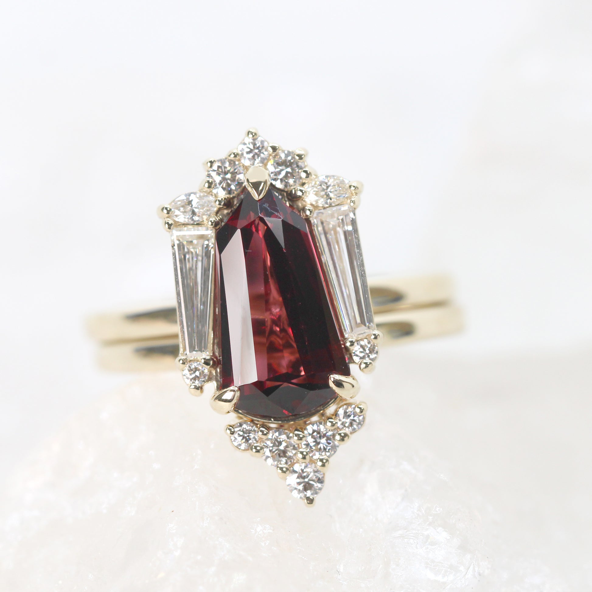 Christine Ring with a 2.68 Carat Shield Garnet and White Accent Diamonds in 14k Yellow Gold with Matching Band - Ready to Size and Ship - Midwinter Co. Alternative Bridal Rings and Modern Fine Jewelry