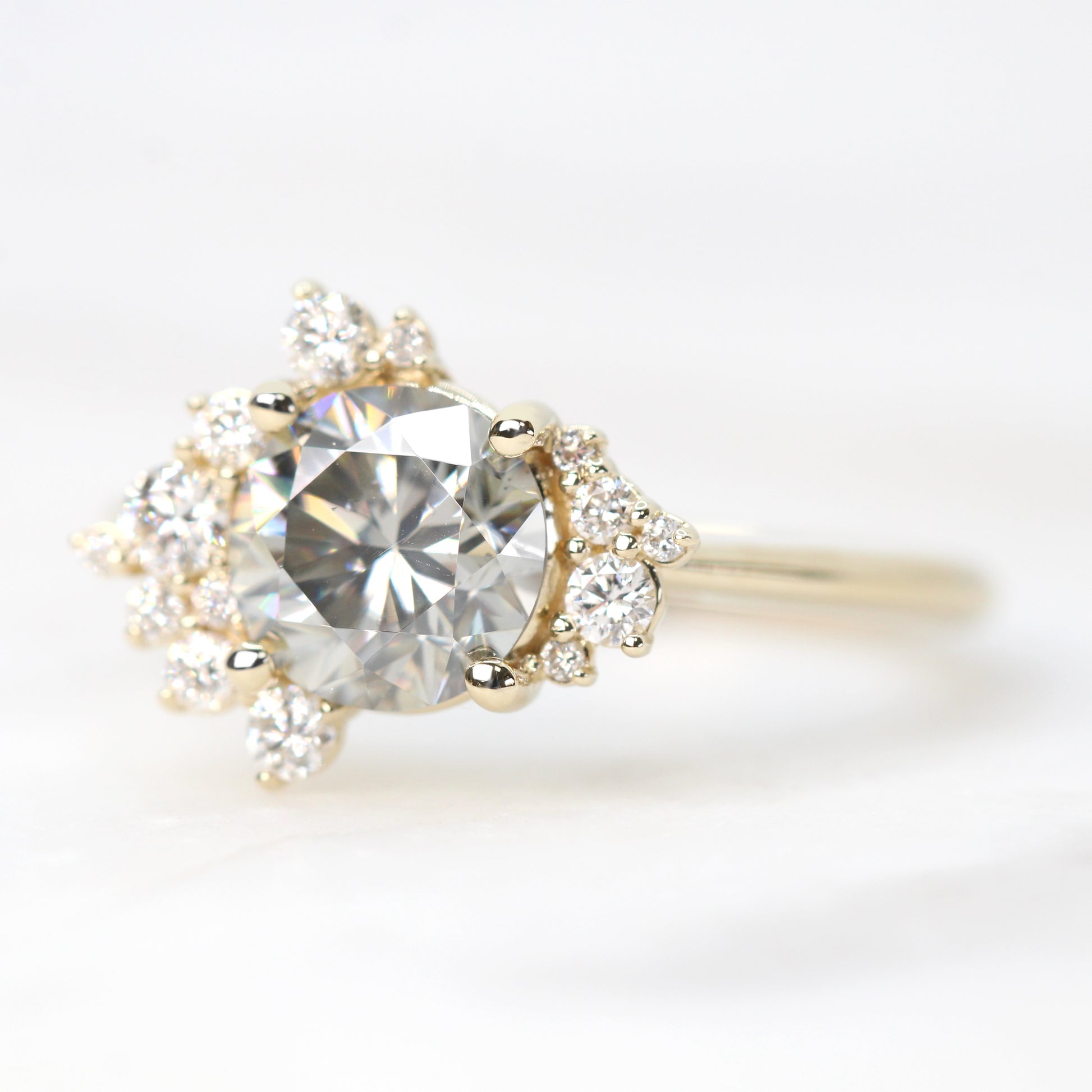 Orion Ring with a Round Gray Moissanite and White Accent Diamonds - Made to Order, Choose your Gold Tone - Midwinter Co. Alternative Bridal Rings and Modern Fine Jewelry