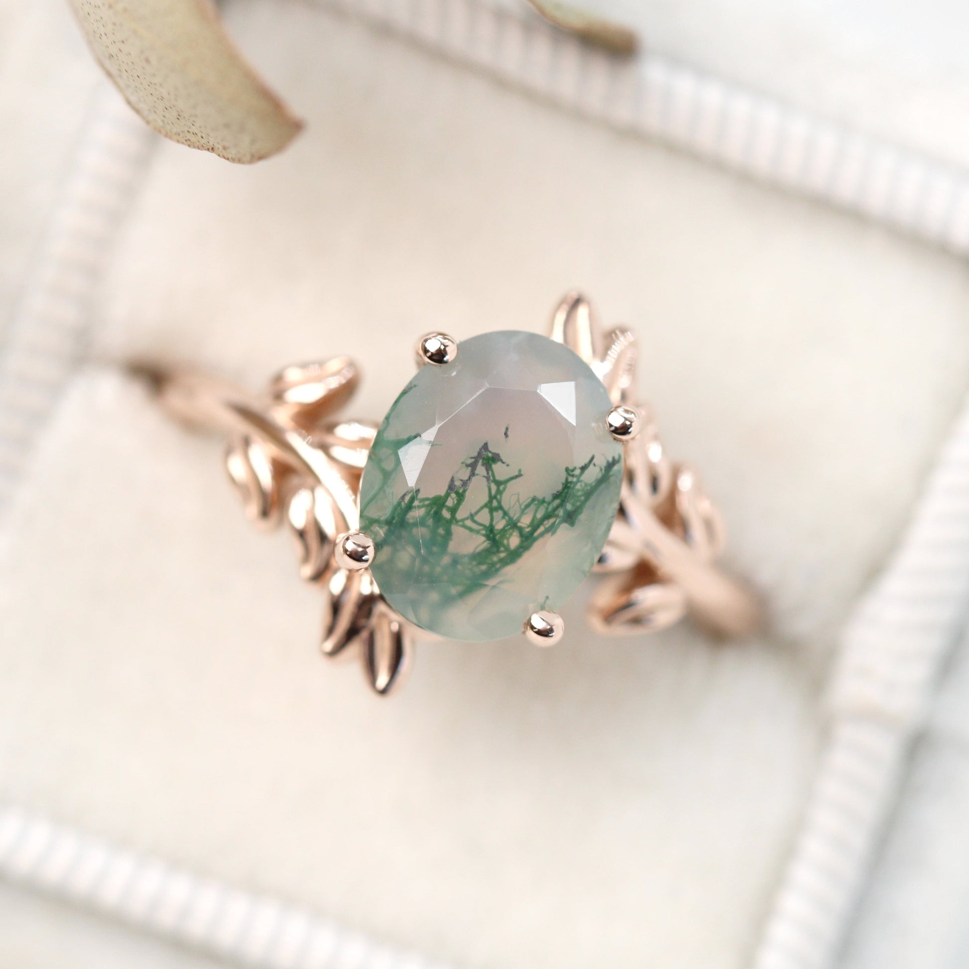 Sara Ring with a 2.50 Carat Oval Moss Agate in 14k Rose Gold - Ready to Size and Ship - Midwinter Co. Alternative Bridal Rings and Modern Fine Jewelry