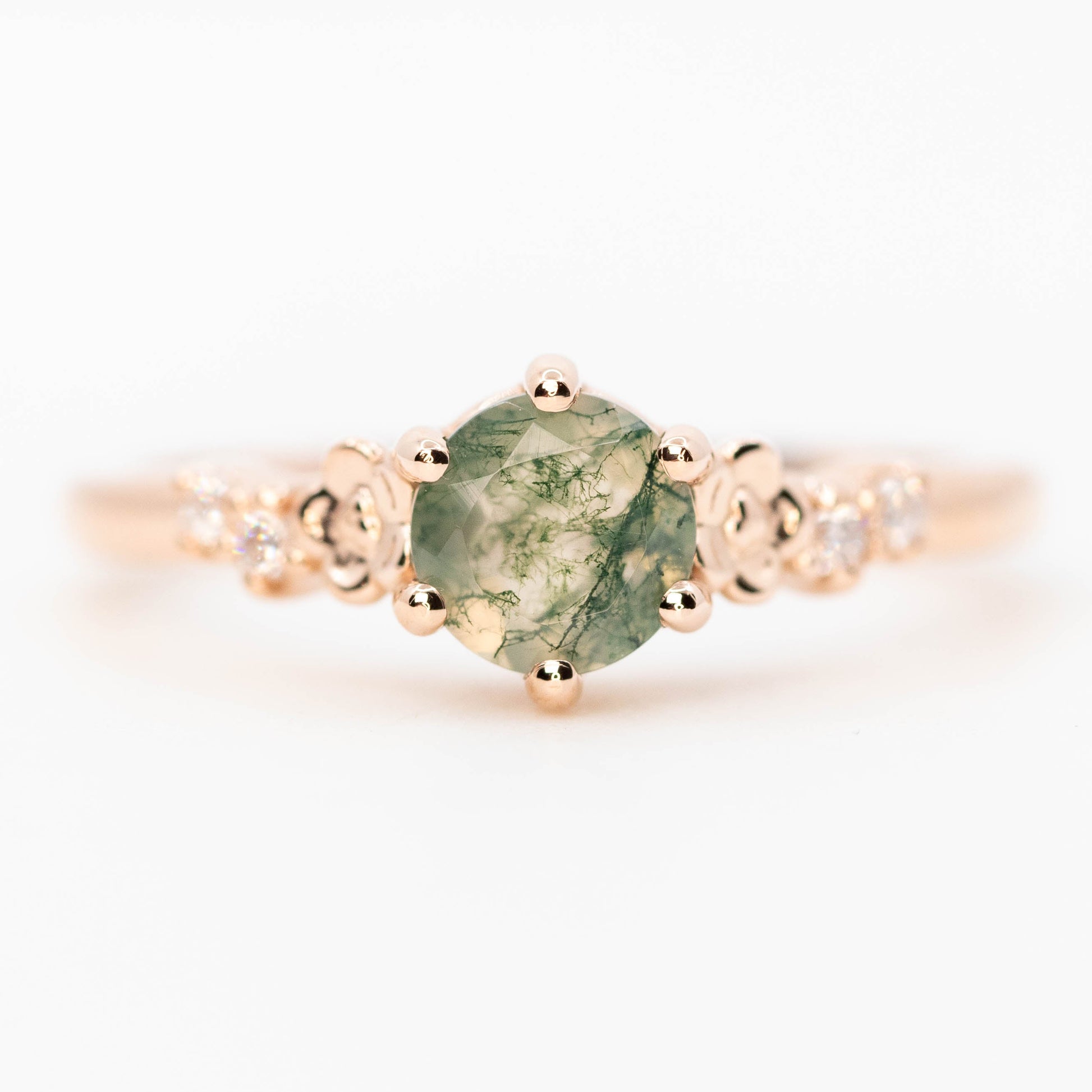 Meadow Ring with a Round Moss Agate and White Accent Diamonds - Made to Order - Midwinter Co. Alternative Bridal Rings and Modern Fine Jewelry
