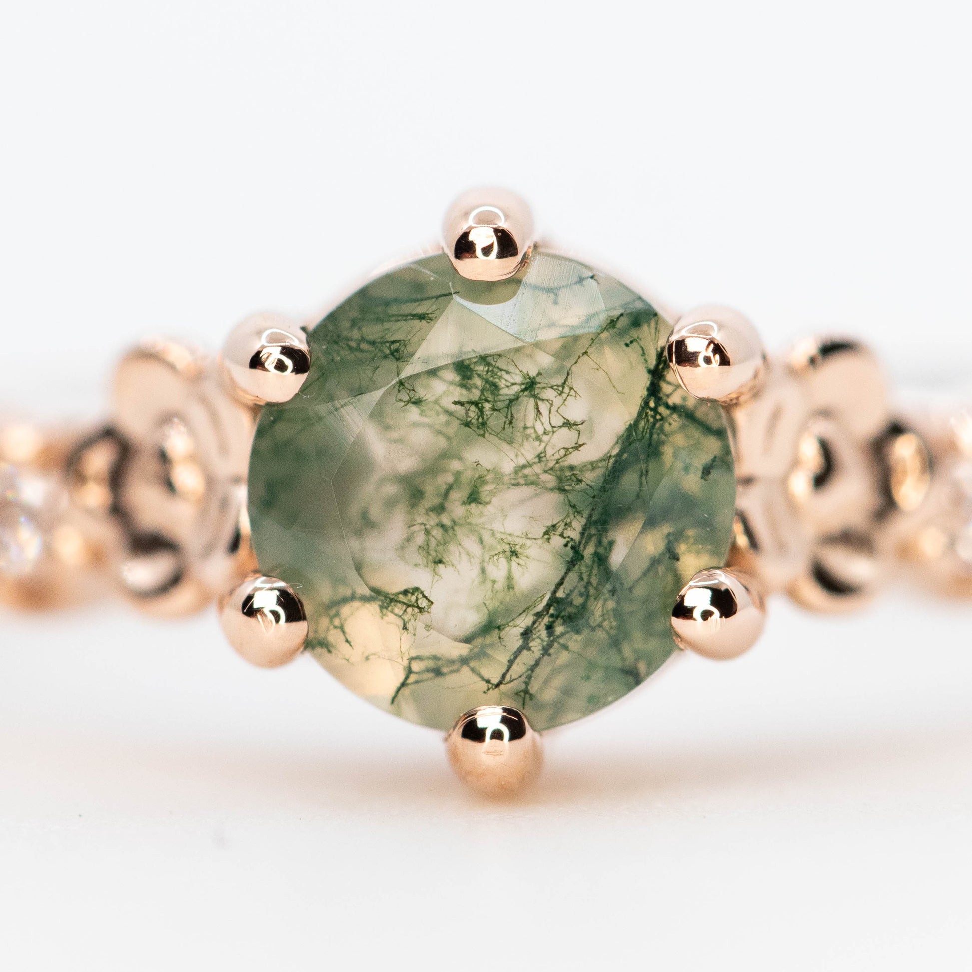 Meadow Ring with a Round Moss Agate and White Accent Diamonds - Made to Order - Midwinter Co. Alternative Bridal Rings and Modern Fine Jewelry