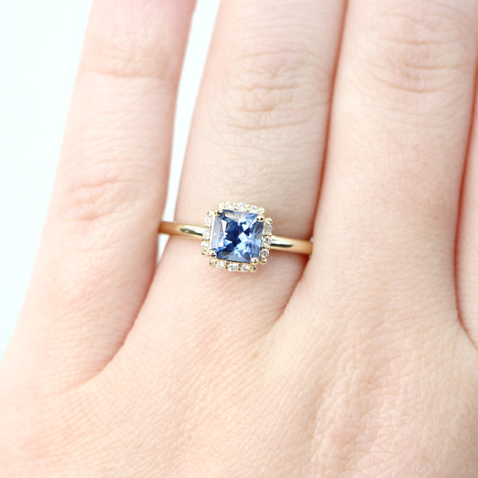 Astrid Ring with a 1.08 Carat Radiant Cut Blue Sapphire and White Accent Diamonds in 10k Yellow Gold - Ready to Size and Ship - Midwinter Co. Alternative Bridal Rings and Modern Fine Jewelry