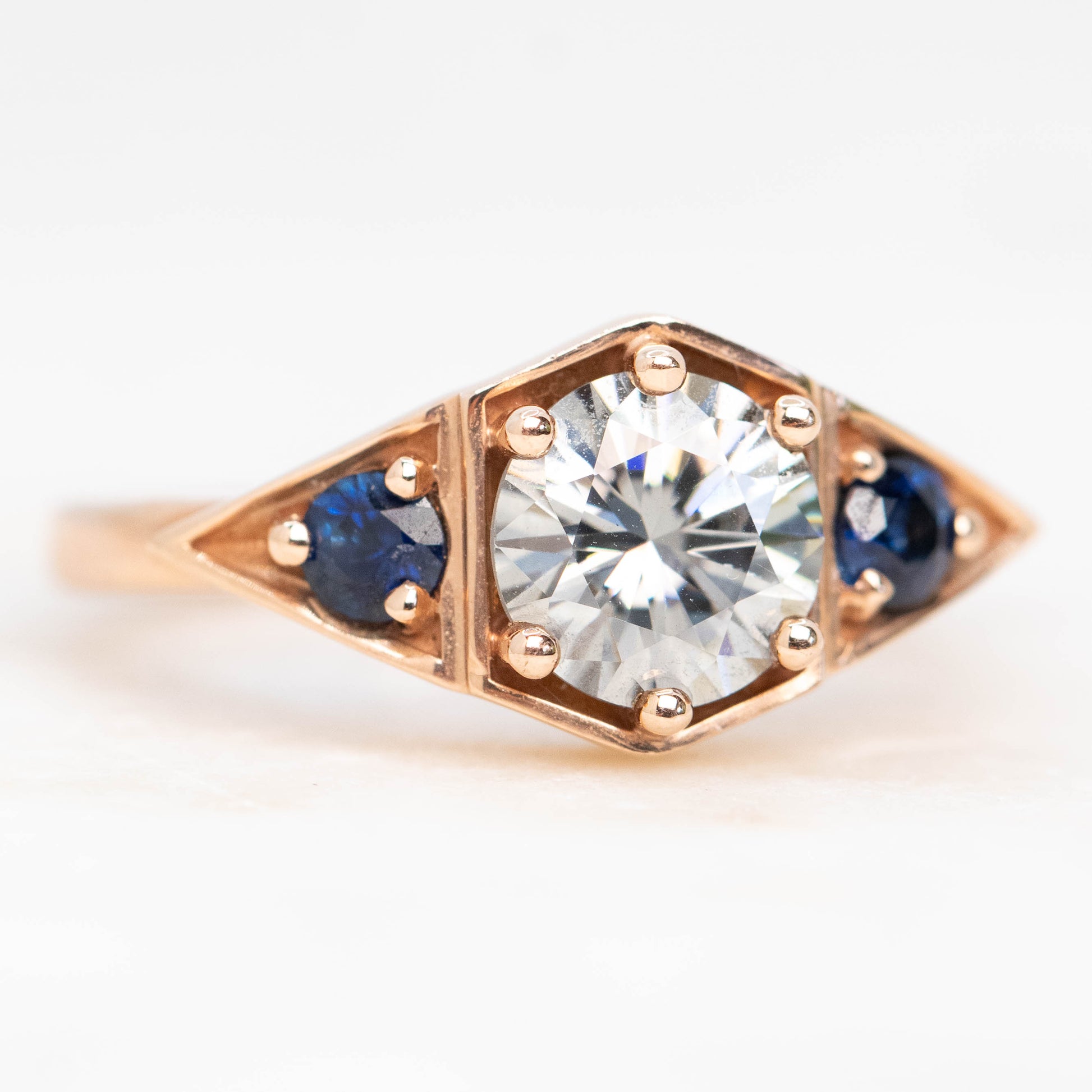 Cassia Ring with a 1.00 Carat Round Gray Moissanite and Blue Sapphire Accents in 10k Rose Gold - Ready to Size and Ship - Midwinter Co. Alternative Bridal Rings and Modern Fine Jewelry