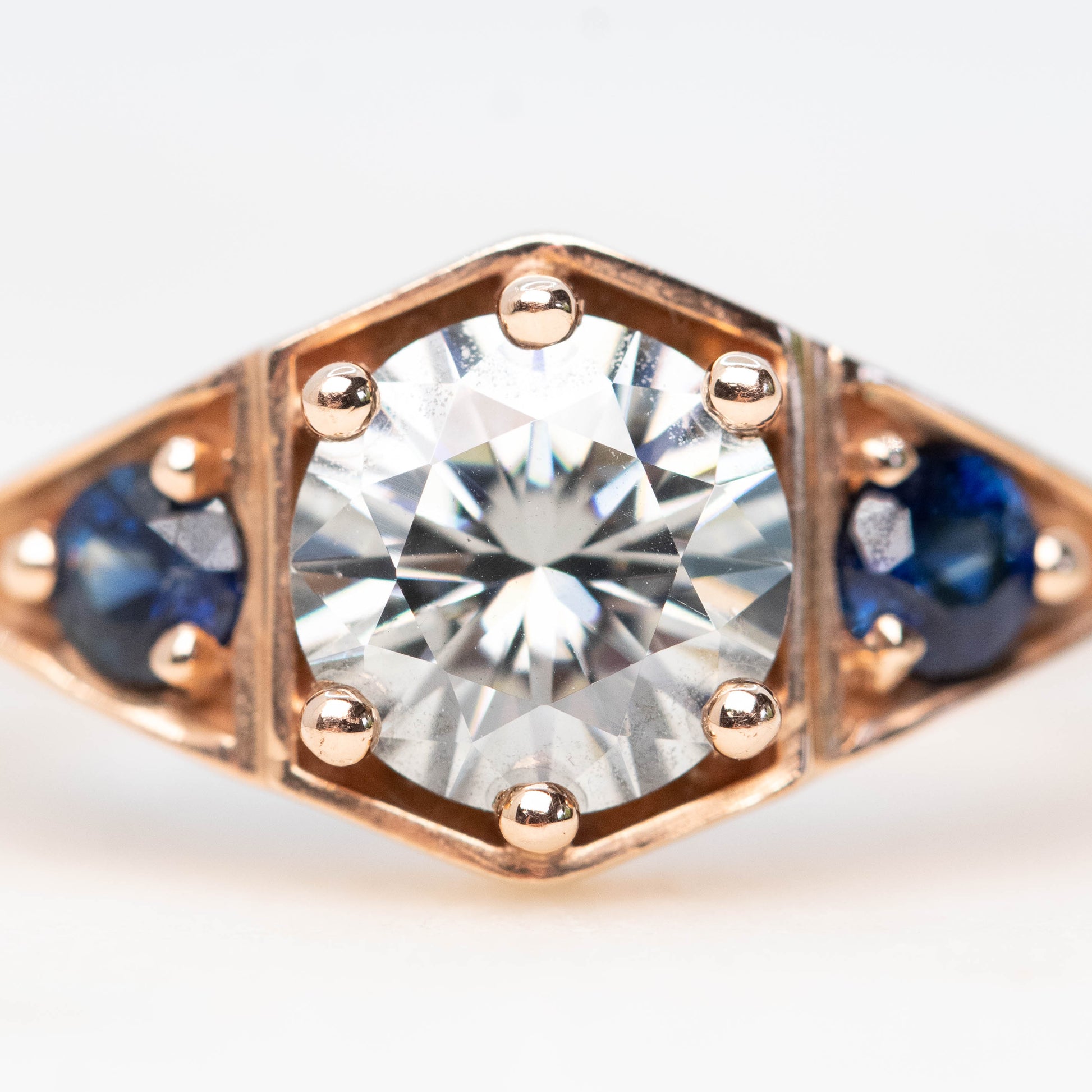 Cassia Ring with a 1.00 Carat Round Gray Moissanite and Blue Sapphire Accents in 10k Rose Gold - Ready to Size and Ship - Midwinter Co. Alternative Bridal Rings and Modern Fine Jewelry