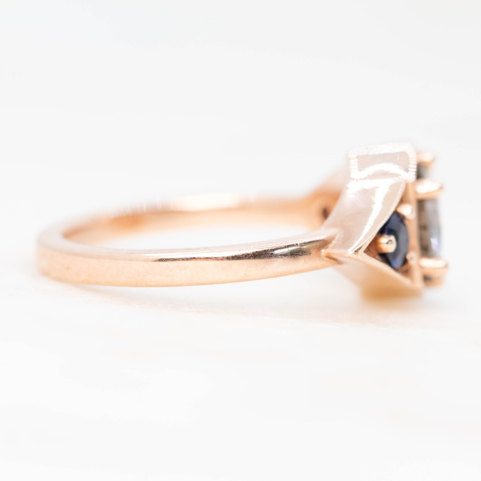 Cassia Ring with a 1.00 Carat Round Gray Moissanite and Blue Sapphire Accents in 10k Rose Gold - Ready to Size and Ship - Midwinter Co. Alternative Bridal Rings and Modern Fine Jewelry