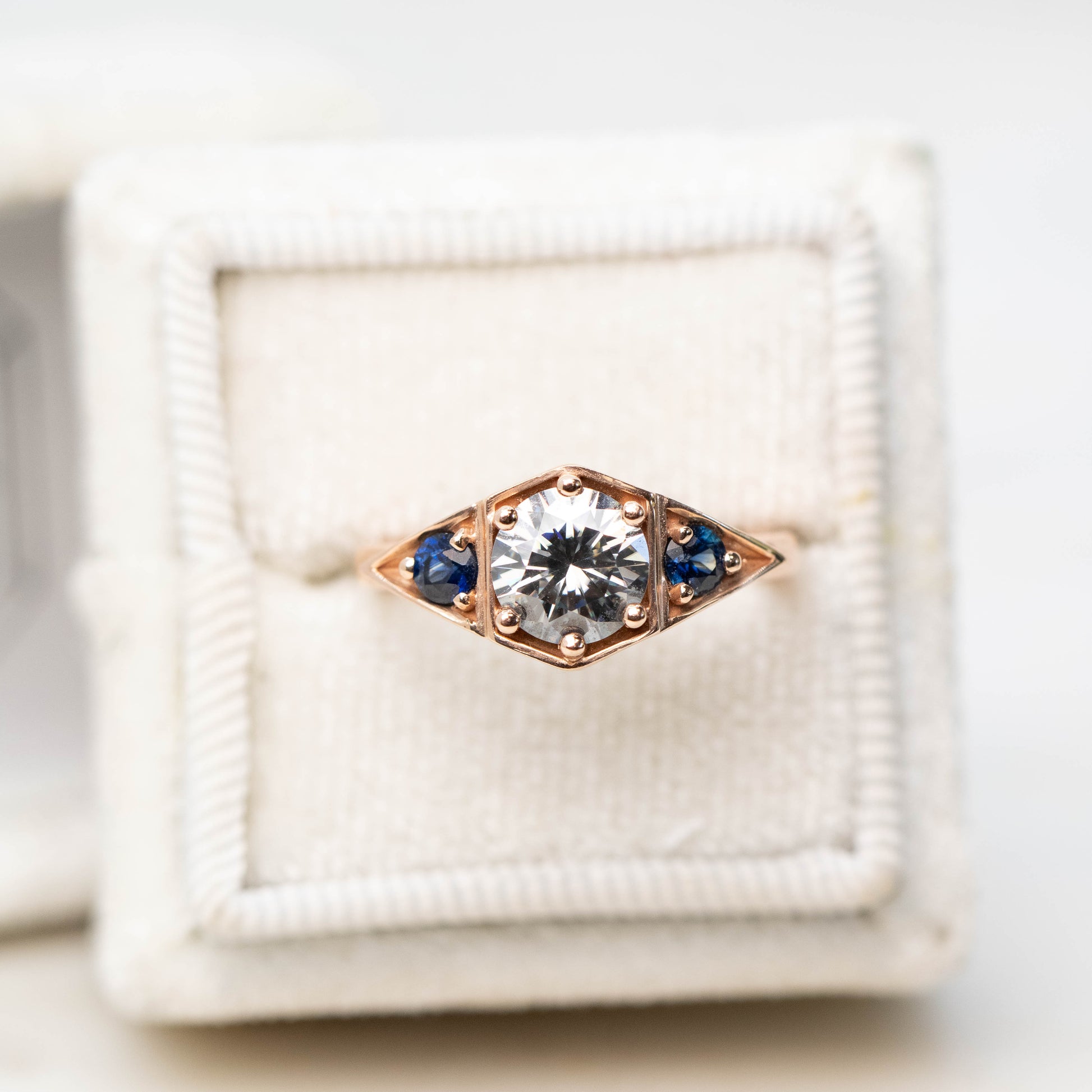 Cassia Ring with a 1.00 Carat Round Gray Moissanite and Blue Sapphire Accents in 10k Rose Gold - Ready to Size and Ship - Midwinter Co. Alternative Bridal Rings and Modern Fine Jewelry