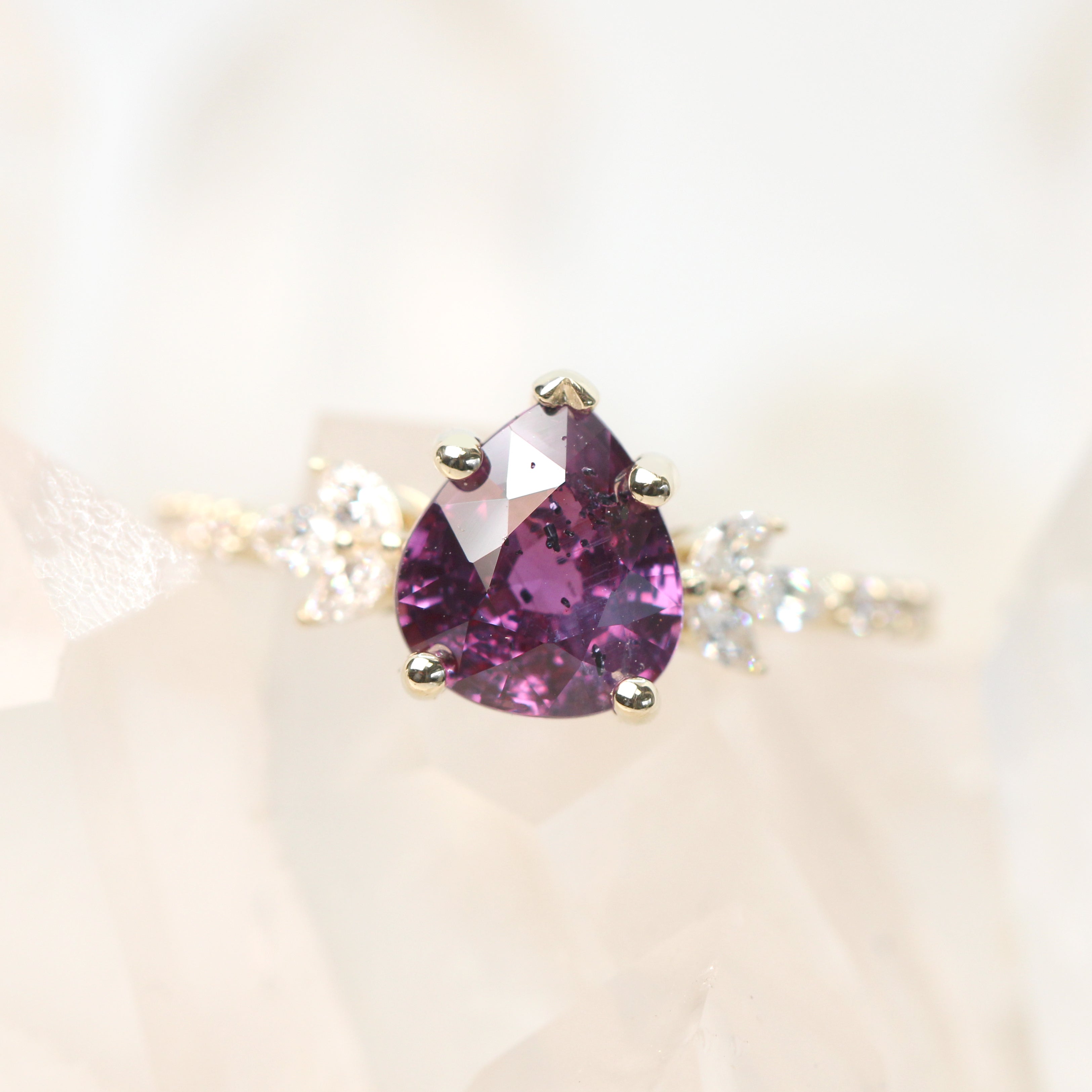 Betty Ring with a 2.55 Carat Pear Magenta Pink Sapphire and White Accent Diamonds - Ready to Size and Ship - Midwinter Co. Alternative Bridal Rings and Modern Fine Jewelry
