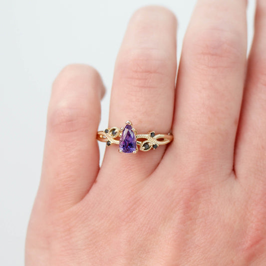 Jasmine Ring with a 1.03 Carat Purple Pear Sapphire and Black Accent Diamonds in 14k Yellow Gold - Ready to Size and Ship - Midwinter Co. Alternative Bridal Rings and Modern Fine Jewelry
