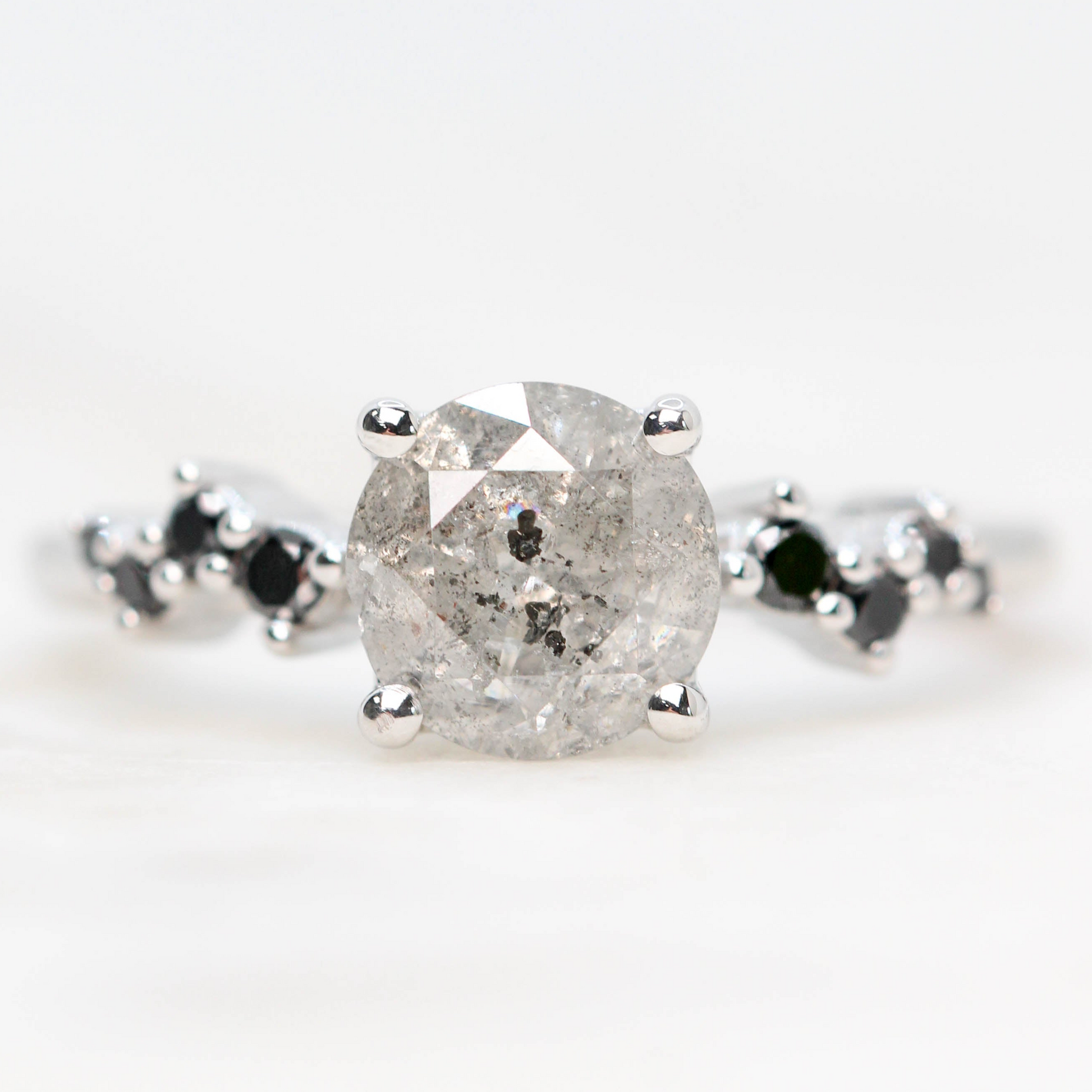 Zealan Ring with a 1.48 Carat Gray Round Salt and Pepper Diamond and Black Accent Diamonds in 14k White Gold - Ready to Size and Ship - Midwinter Co. Alternative Bridal Rings and Modern Fine Jewelry