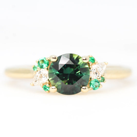 Sable Ring with a 1.30 Carat Round Sapphire and Emerald and Diamond Accents in 14k Yellow Gold - Ready to Size and Ship - Midwinter Co. Alternative Bridal Rings and Modern Fine Jewelry