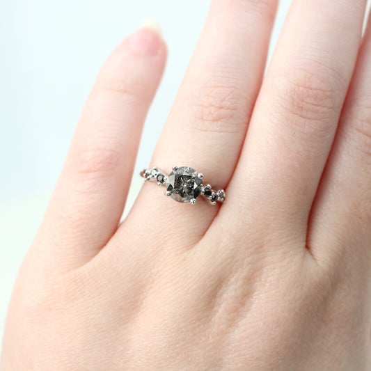 Zealan Ring with a 1.60 Carat Round Black Salt and Pepper Diamond and Black Accent Diamonds in 14k White Gold - Ready to Size and Ship - Midwinter Co. Alternative Bridal Rings and Modern Fine Jewelry