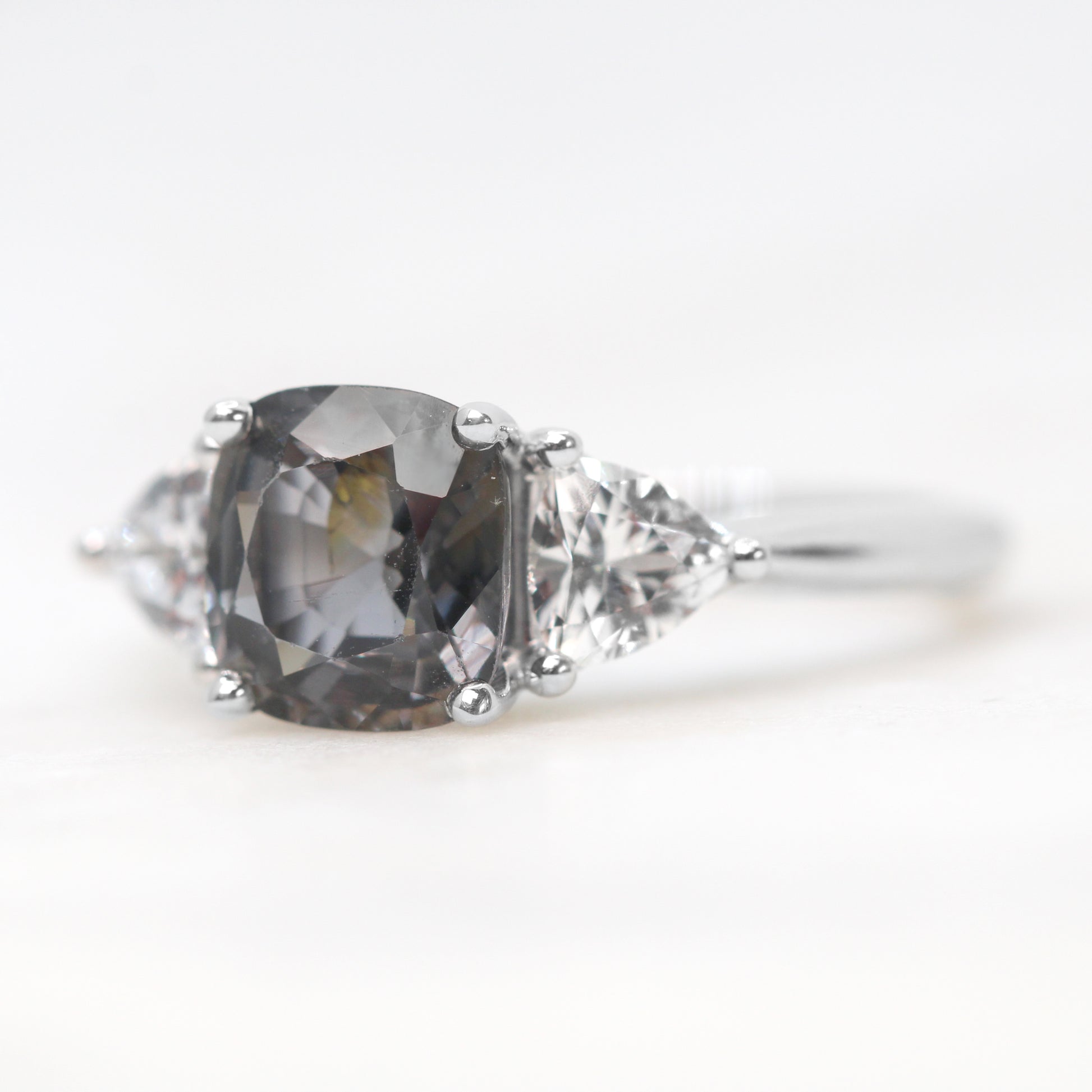 Nolen Ring with 1.98 Carat Cushion Cut Dark Purple Spinel and White Accent Sapphires in 14k White Gold - Ready to Size and Ship - Midwinter Co. Alternative Bridal Rings and Modern Fine Jewelry