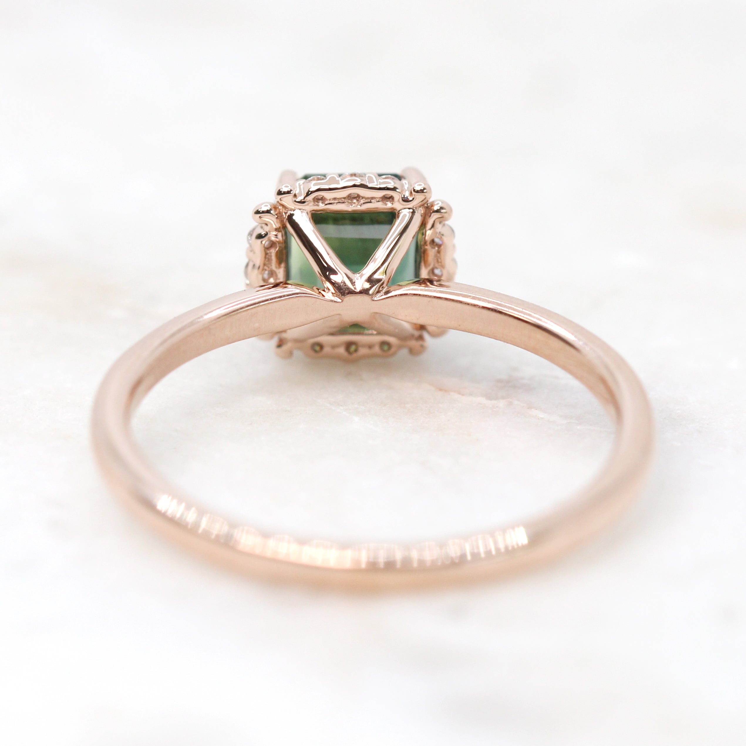 Astrid Ring with a 1.65 Carat Asscher Cut Teal Green Sapphire and White Accent Diamonds in 14k Rose Gold - Ready to Size and Ship - Midwinter Co. Alternative Bridal Rings and Modern Fine Jewelry
