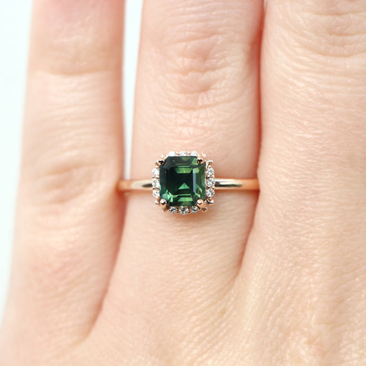 Astrid Ring with a 1.65 Carat Asscher Cut Teal Green Sapphire and White Accent Diamonds in 14k Rose Gold - Ready to Size and Ship - Midwinter Co. Alternative Bridal Rings and Modern Fine Jewelry