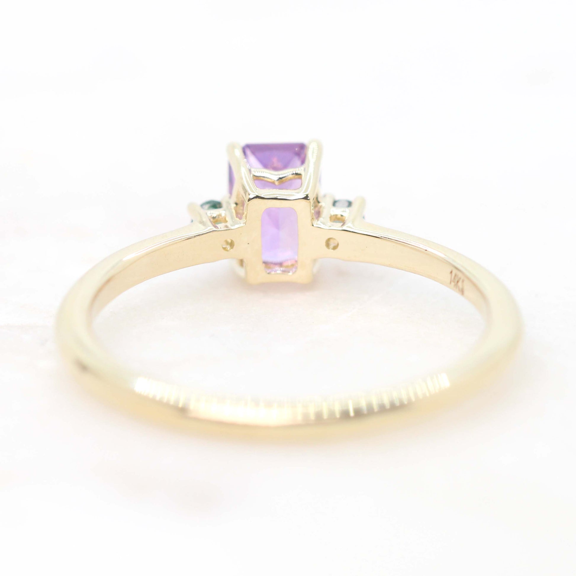Terra Ring with a 0.81 Carat Radiant Cut Purple Sapphire and Teal Sapphire Accents in 14k Yellow Gold - Ready to Size and Ship - Midwinter Co. Alternative Bridal Rings and Modern Fine Jewelry